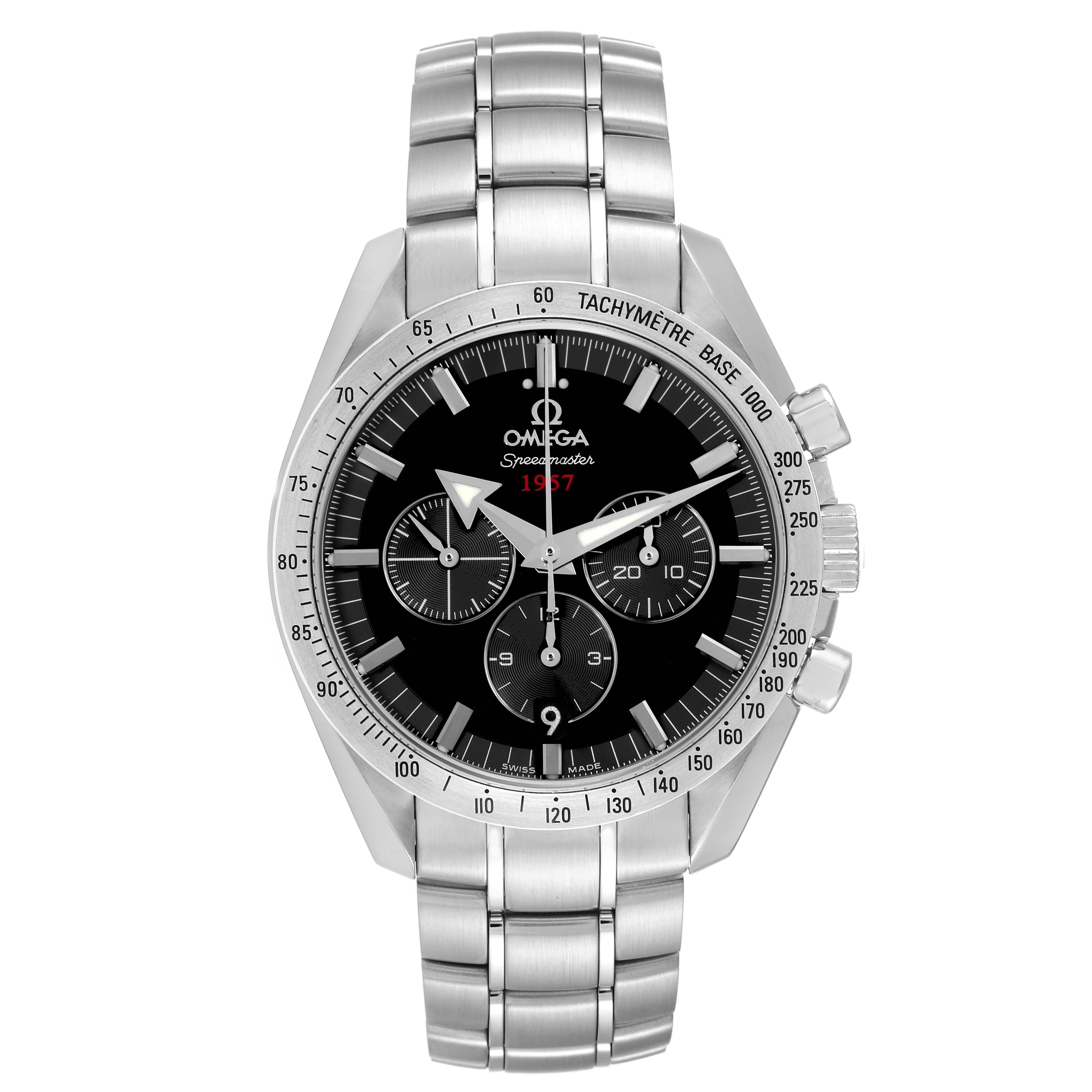 Omega Speedmaster Broad Arrow 1957 Steel Mens Watch 321.10.42.50.01.001 Card. Automatic self-winding chronograph movement with column wheel mechanism and Co-Axial Escapement. Stainless steel round case 42.0 mm in diameter. Transparent exhibition