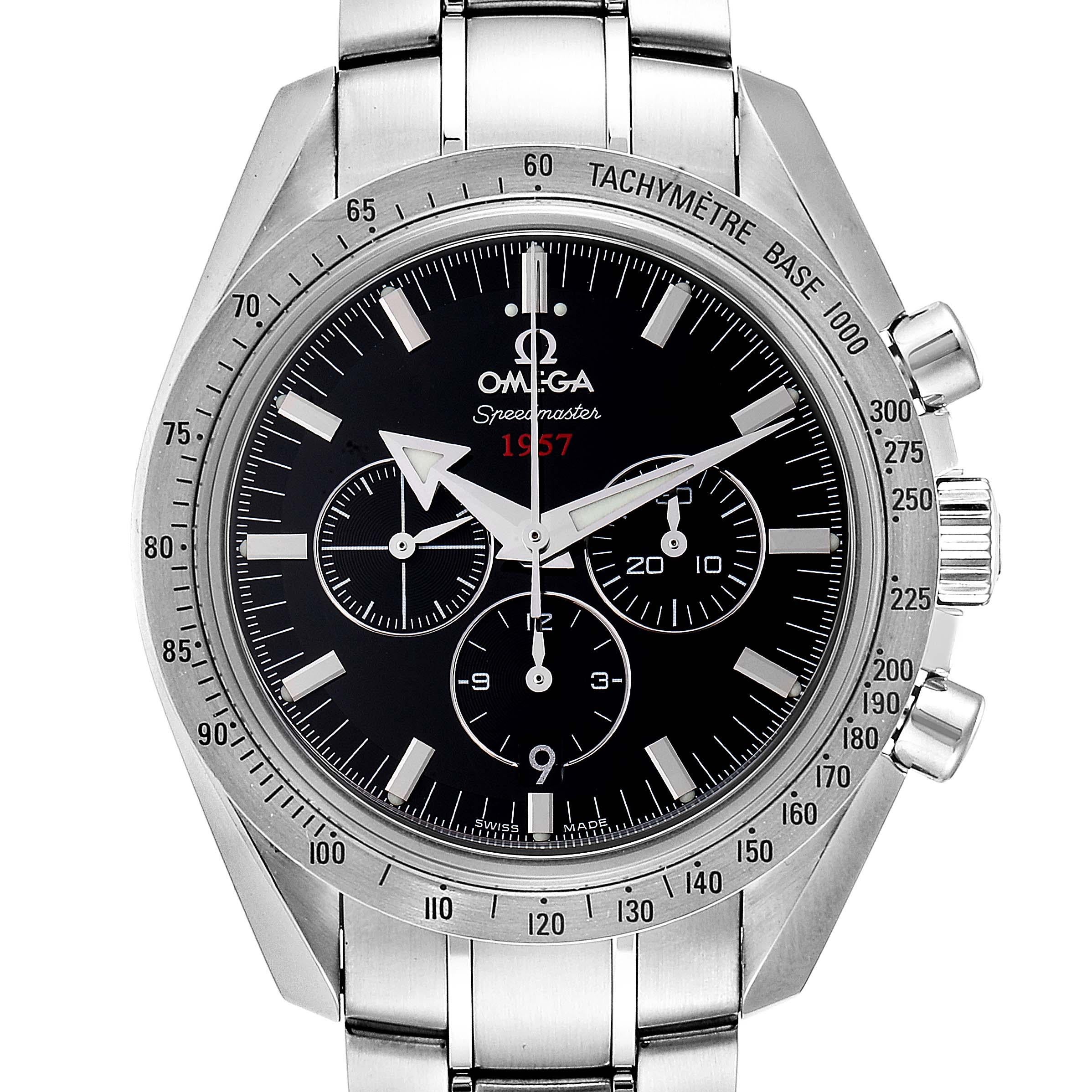 Omega Speedmaster Broad Arrow 1957 Watch 321.10.42.50.01.001 Box Card. Automatic self-winding chronograph movement with column wheel mechanism and Co-Axial Escapement. Stainless steel round case 42.0 mm in diameter. Stainless steel bezel with