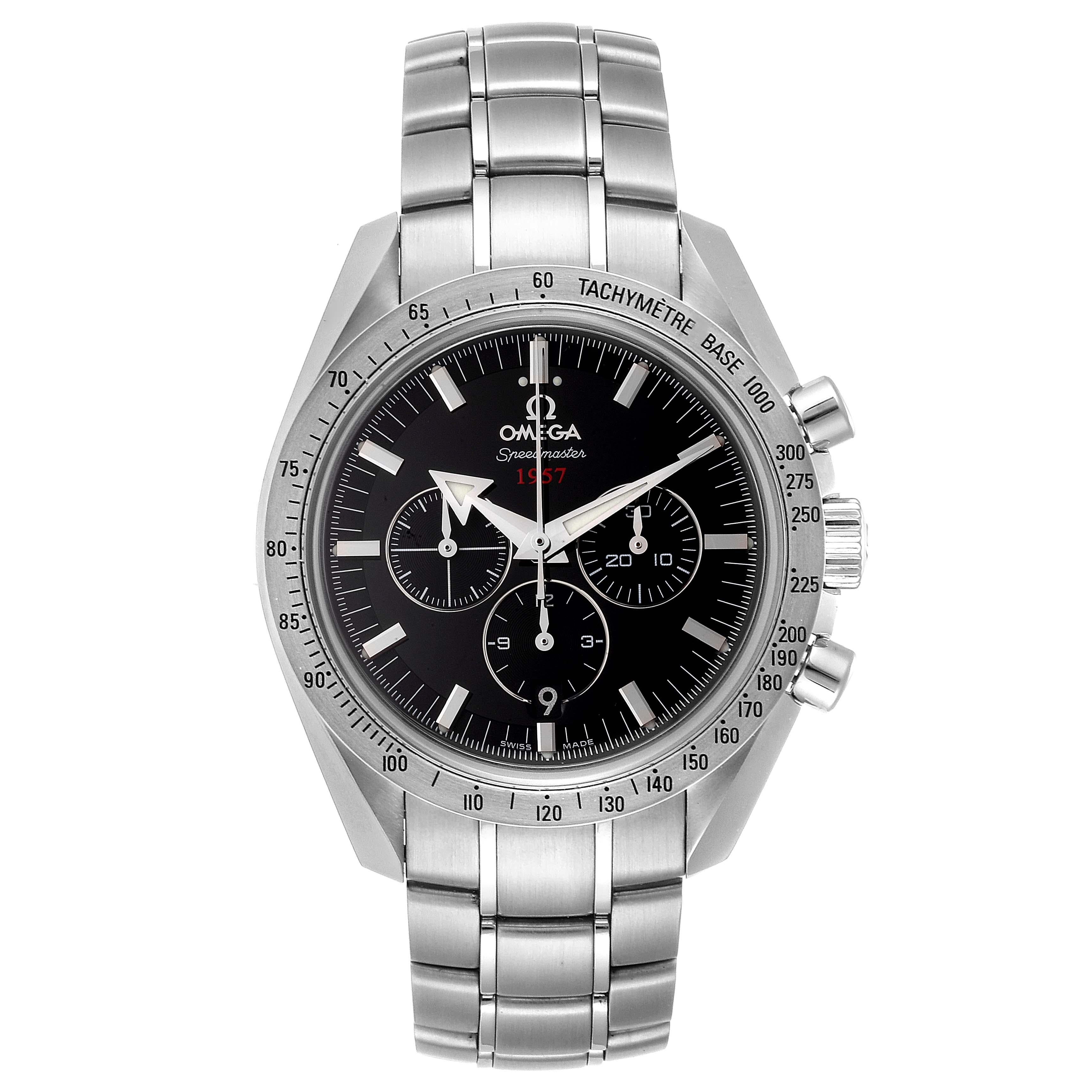 Omega Speedmaster Broad Arrow 1957 Watch 321.10.42.50.01.001 Box Card. Automatic self-winding chronograph movement with column wheel mechanism and Co-Axial Escapement. Stainless steel round case 42.0 mm in diameter. Stainless steel bezel with