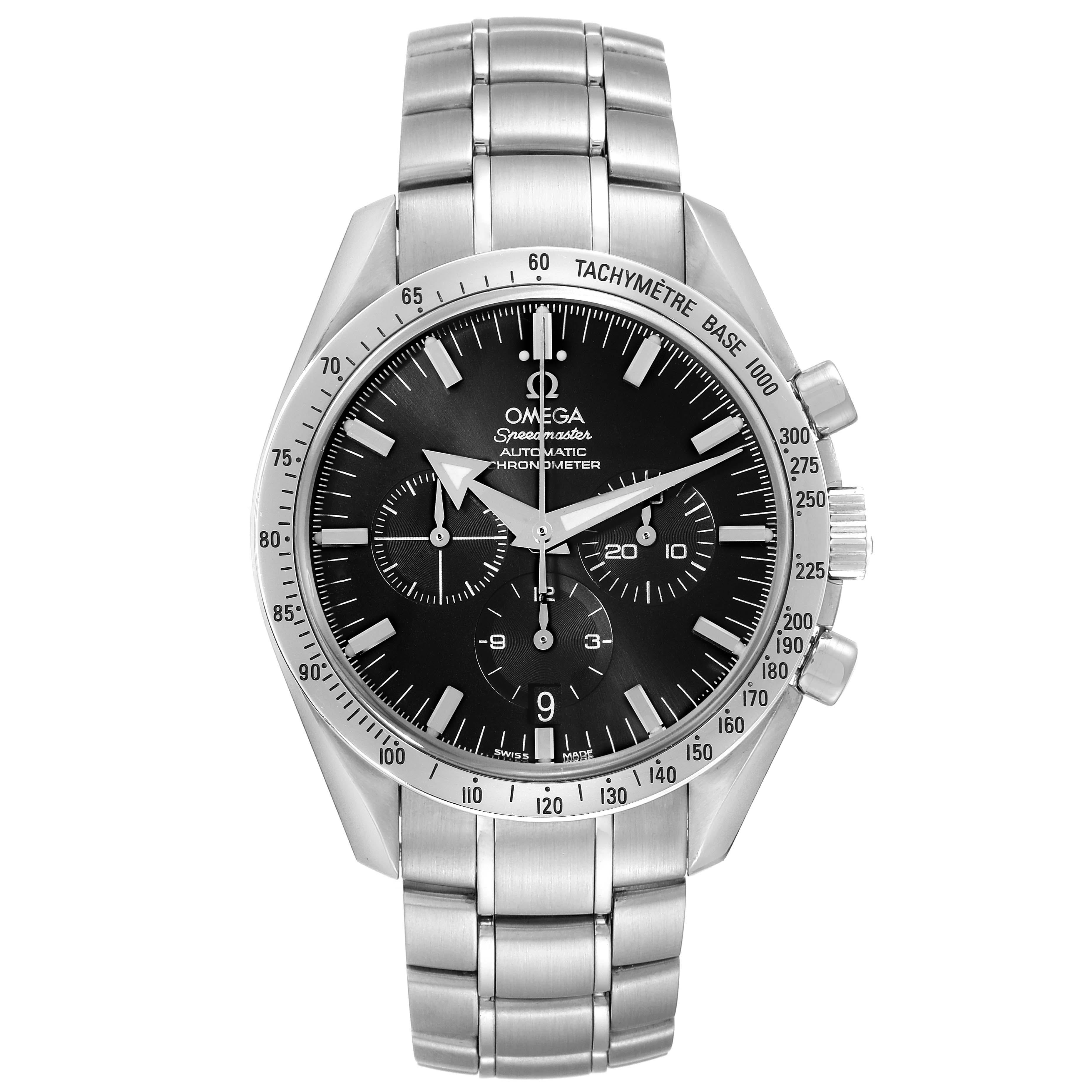 Omega Speedmaster Broad Arrow Chronograph Steel Mens Watch 3551.50.00. Officially certified chronometer automatic self-winding chronograph movement. Caliber 3303. Column wheel mechanism. Rhodium-plated finish. Geneva waves. Stainless steel round