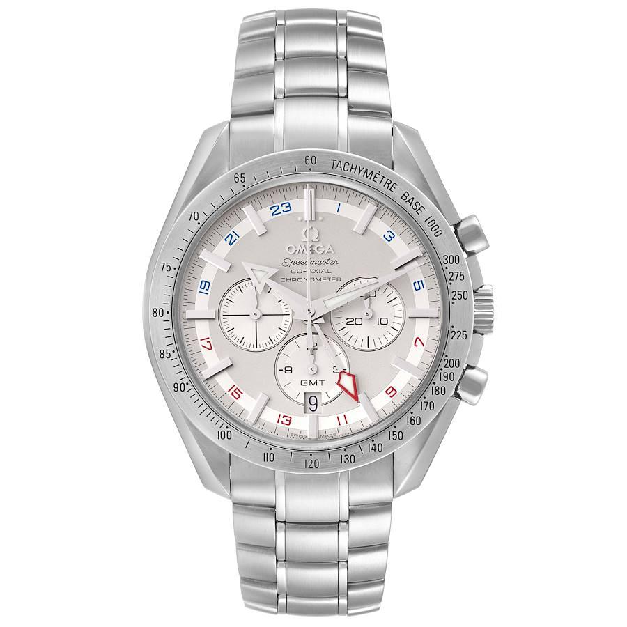 Omega Speedmaster Broad Arrow Co-Axial GMT Steel Mens Watch 3581.30.00 Box Card. Officially certified chronometer automatic self-winding movement. Caliber 3603. Functions - Chronograph, 24 hours GMT, Tachymeter. Stainless steel case 44.25 mm in