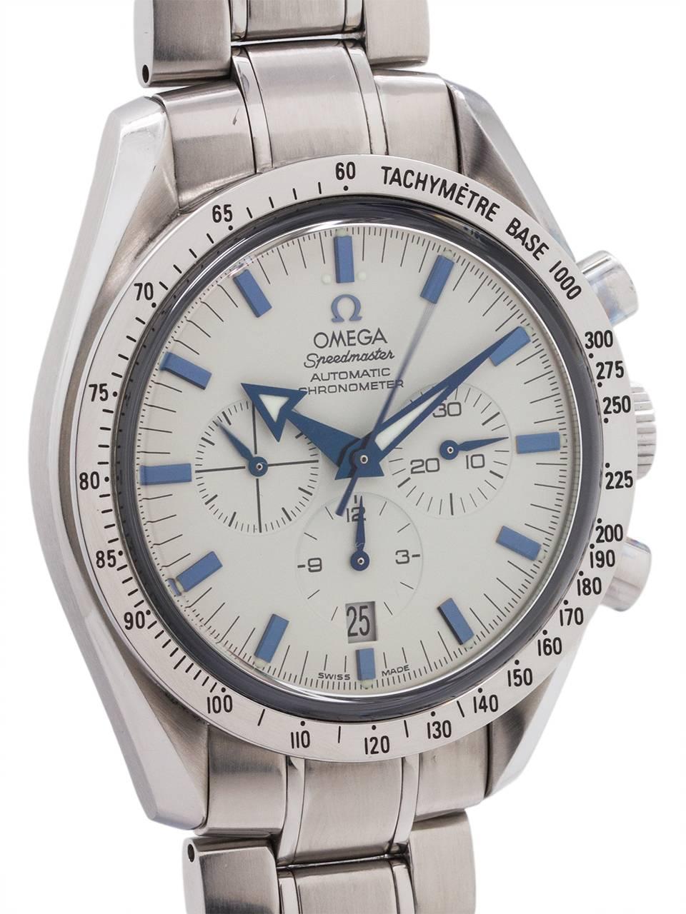 Omega Stainless Steel Speedmaster “Broadarrow” case ref# 3551 20 irca 2000’s. This is the automatic version of the classic original Speedmaster models. Featuring 42 x 47mm case with screw down back and wide polished finish tachymetre bezel. Original