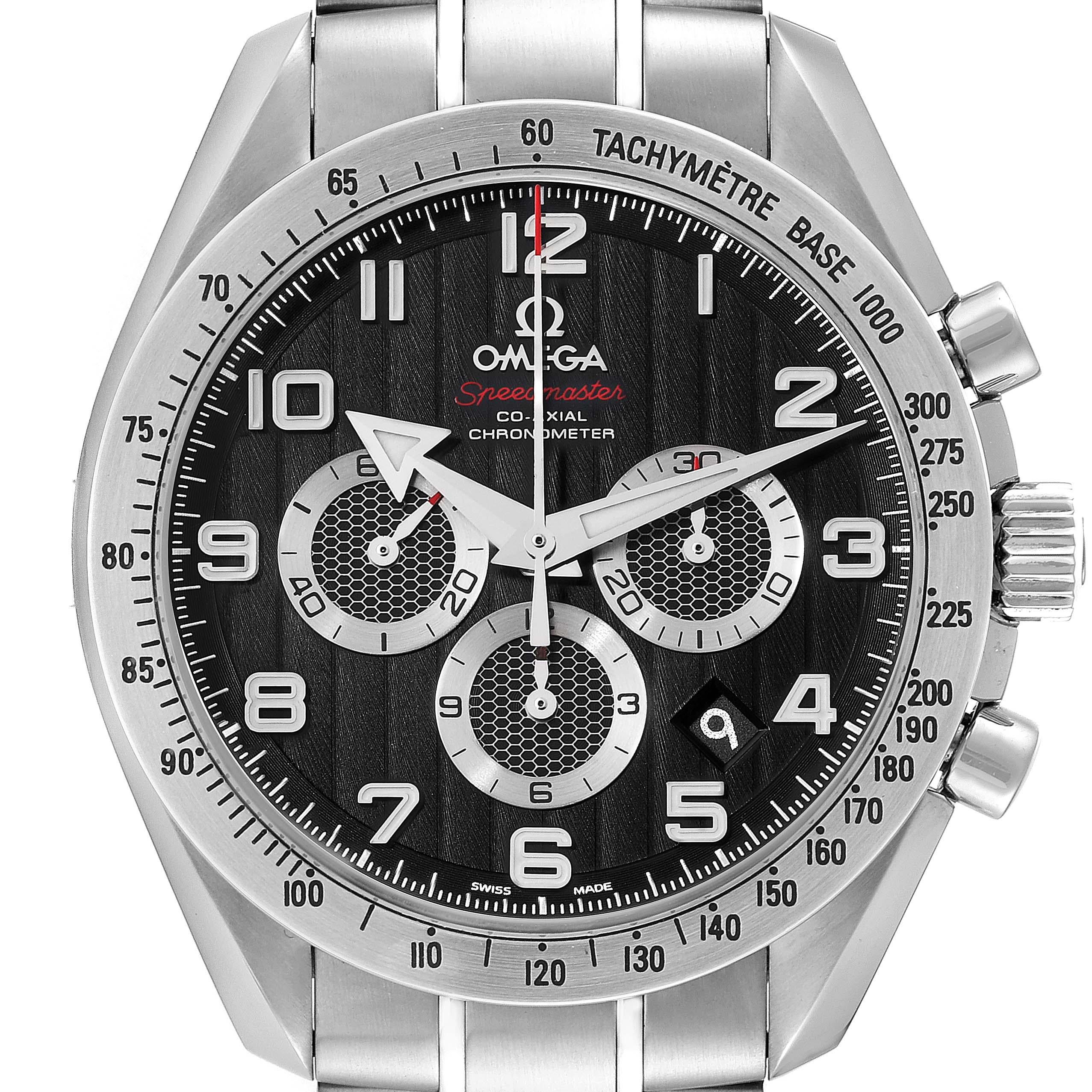 Omega Speedmaster Broad Arrow Steel Mens Watch 321.10.44.50.01.001 Box Card. COSC-certified Omega automatic chronograph movement. Stainless steel round case 44.25 mm in diameter with polished beveled edges, pushers, and crown. Transparent exhibition