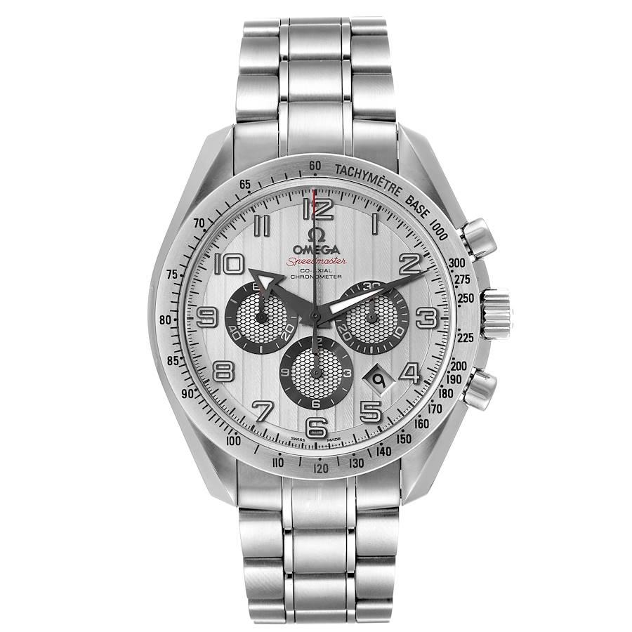 Omega Speedmaster Broad Arrow Steel Mens Watch 321.10.44.50.02.001 Box Card. COSC-certified Omega automatic chronograph movement. Stainless steel round case 44.25 mm in diameter with polished bevelled edges, pushers and crown. Exhibition case back.
