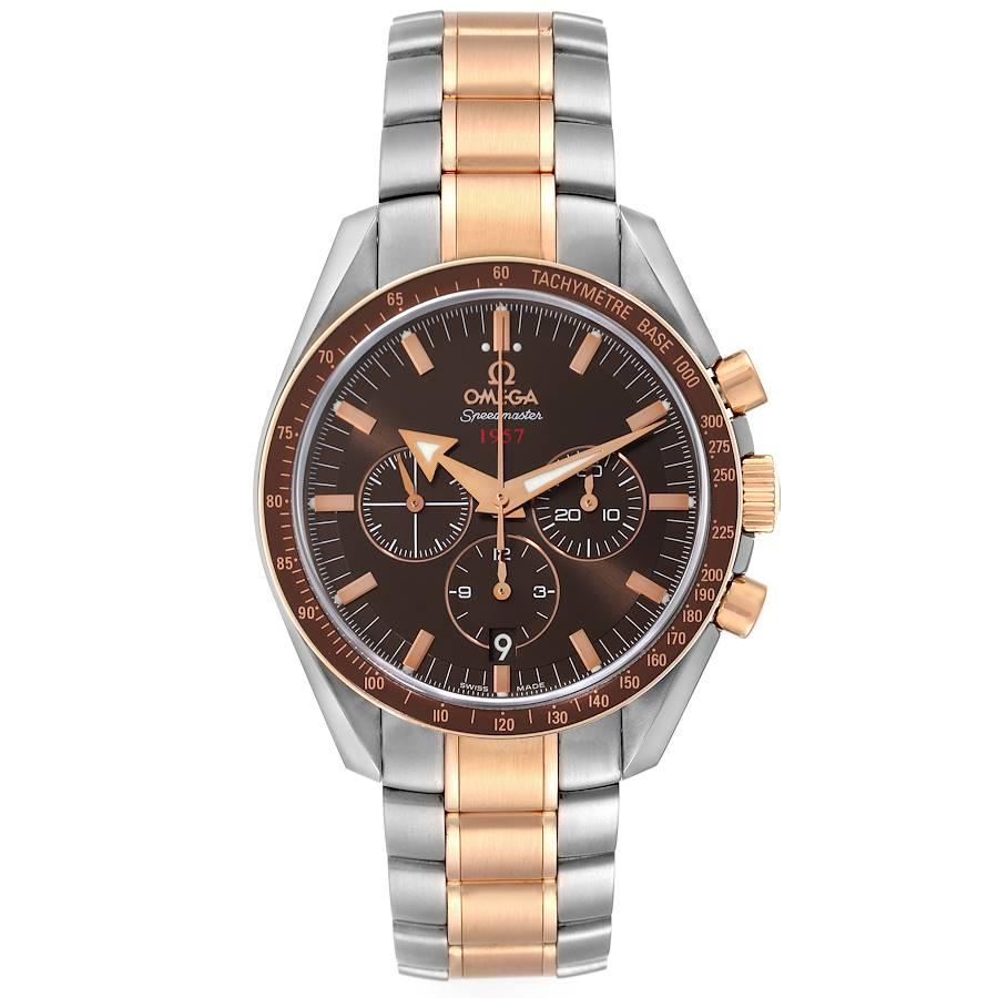 Omega Speedmaster Broad Arrow Steel Rose Gold Watch 321.90.42.50.13.001 Box Card. Automatic self-winding chronograph movement with column wheel mechanism and Co-Axial Escapement. Caliber 3313. Stainless steel and 18K rose gold round case 42.0 mm in