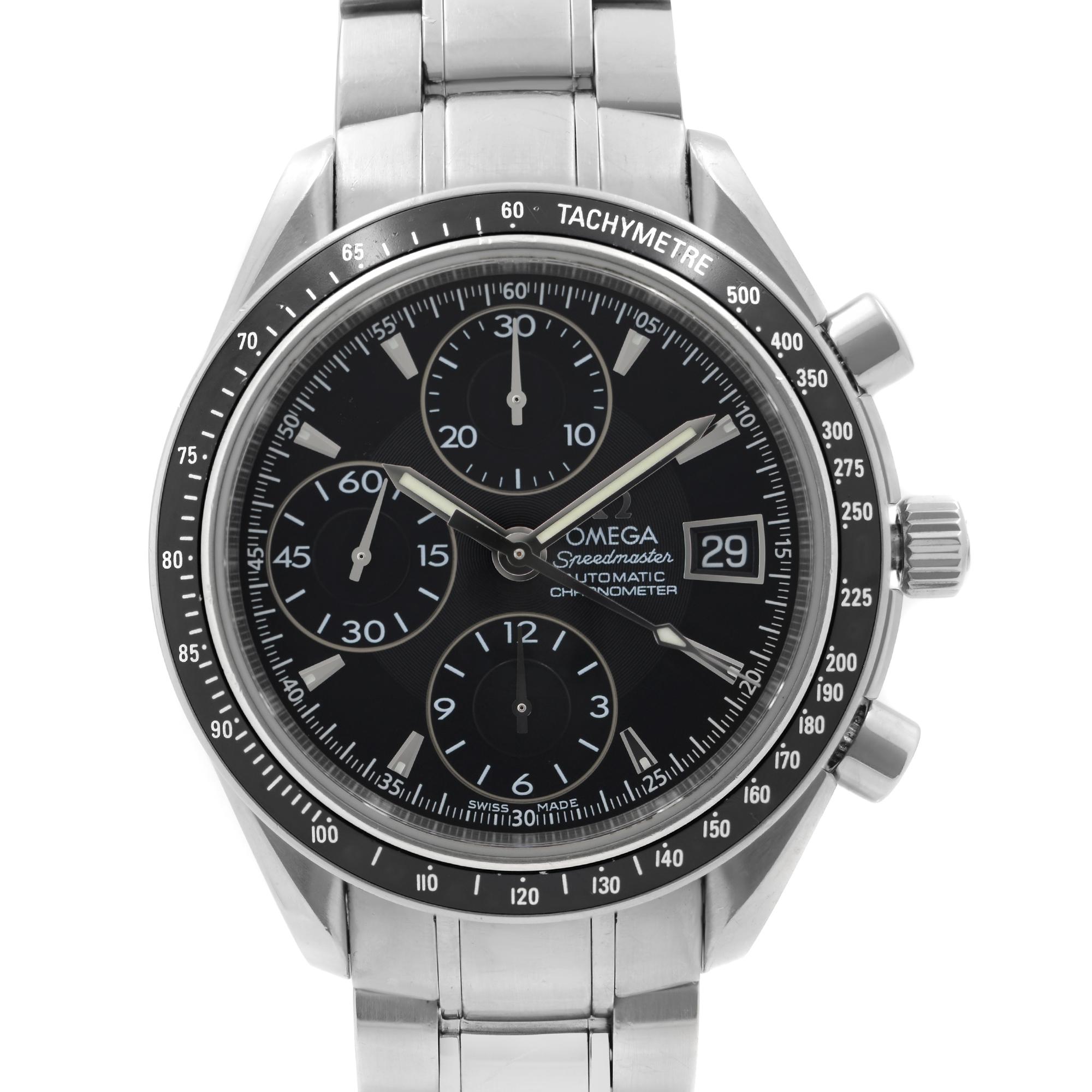 Pre Owned Omega Speedmaster Chrono Date Steel Black Dial Automatic Men's Watch 3210.50.00. This Beautiful Timepiece Features: Stainless Steel Case and Bracelet Fixed Stainless Steel Bezel with an Insert showing Tachymeter Markings, Black Dial with