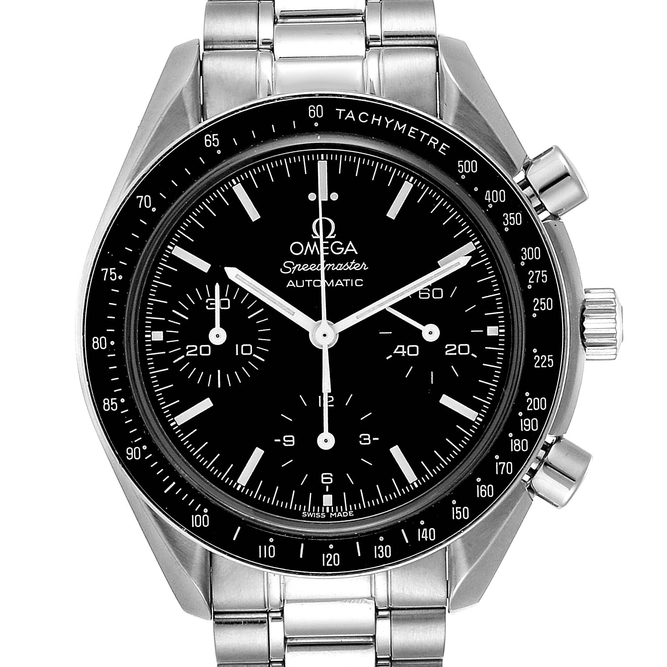 Omega Speedmaster Chrono Reduced Automatic Steel Watch 3539.50.00. Authomatic self-winding movement. Stainless steel round case 39.0 mm in diameter. Stainless steel bezel with tachimeter function. Scratch resistant sapphire crystal. Black dial with