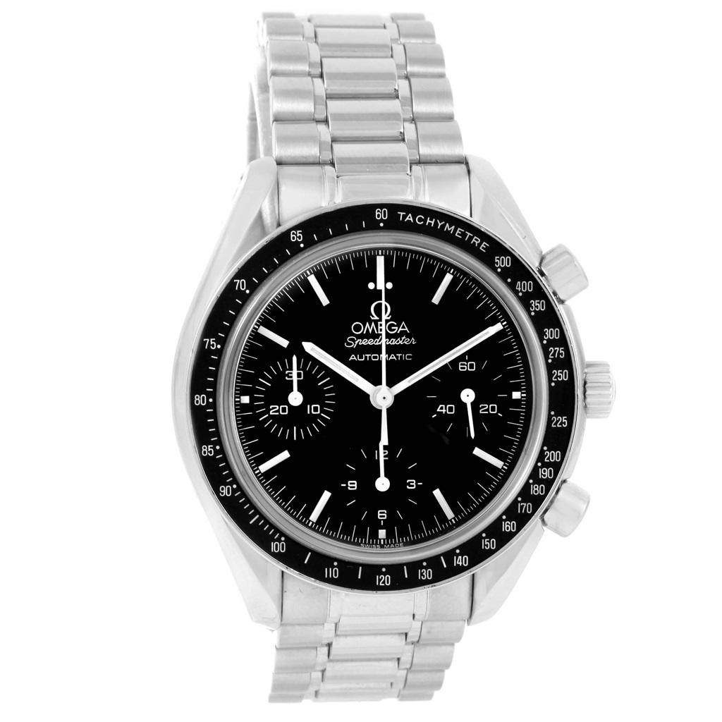 Omega Speedmaster Chrono Reduced Steel Watch 3539.50.00 Box Card. Authomatic self-winding movement. Stainless steel round case 39.0 mm in diameter. Fixed stainless steel bezel with tachimeter function. Scratch resistant sapphire crystal. Black dial