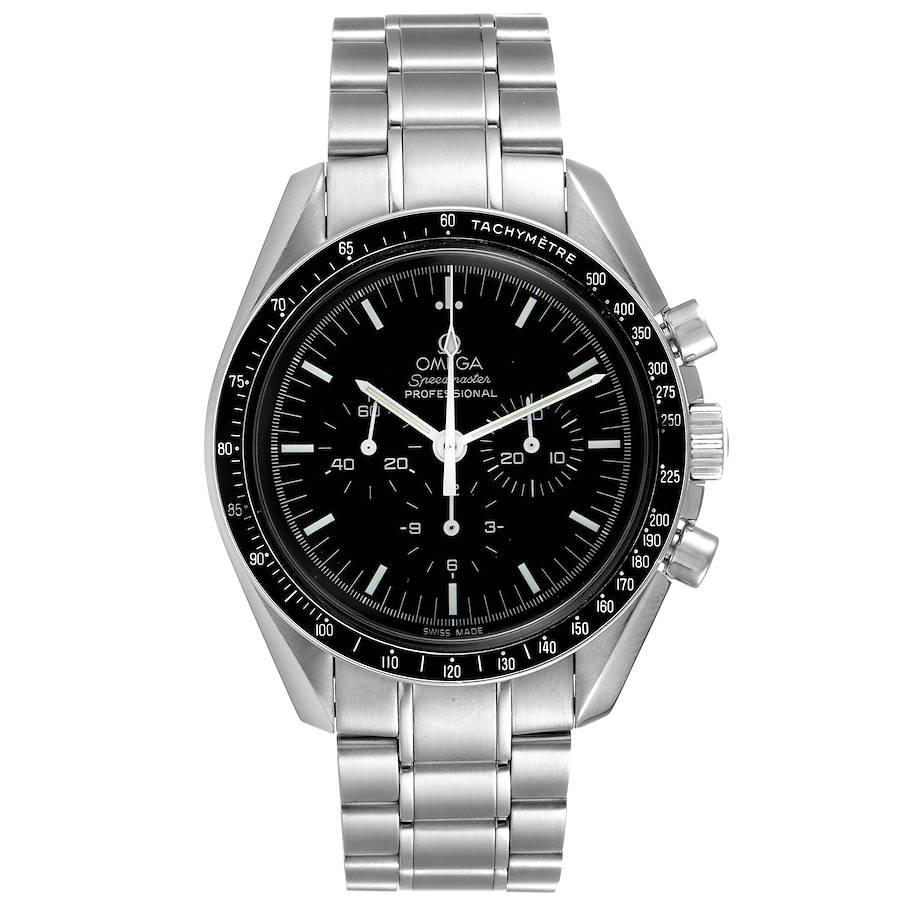 Omega Speedmaster Chronograph Black Dial Mens MoonWatch 3570.50.00 Card. Manual winding chronograph movement. Stainless steel round case 42.0 mm in diameter. Stainless steel bezel with tachymetre function. Hesalite crystal. Black dial with indexes