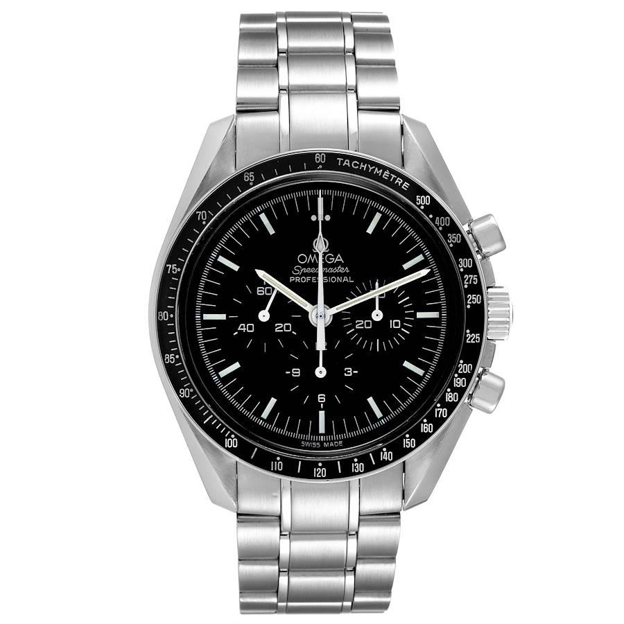 Omega Speedmaster Chronograph Black Dial Mens MoonWatch 3570.50.00 Card. Manual winding chronograph movement. Stainless steel round case 42.0 mm in diameter. Stainless steel bezel with tachymeter function. Hesalite crystal. Black dial with indexes