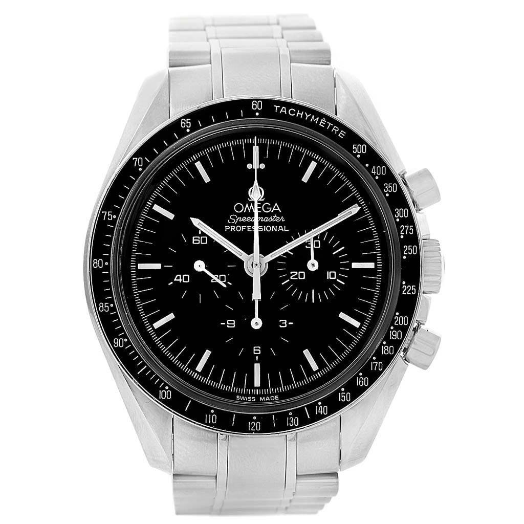 Omega Speedmaster Chronograph Black Dial Mens MoonWatch 3570.50.00. Manual winding chronograph movement. Stainless steel round case 42.0 mm in diameter. Fixed stainless steel bezel with tachymetre function. Hesalite crystal. Black dial with indexes