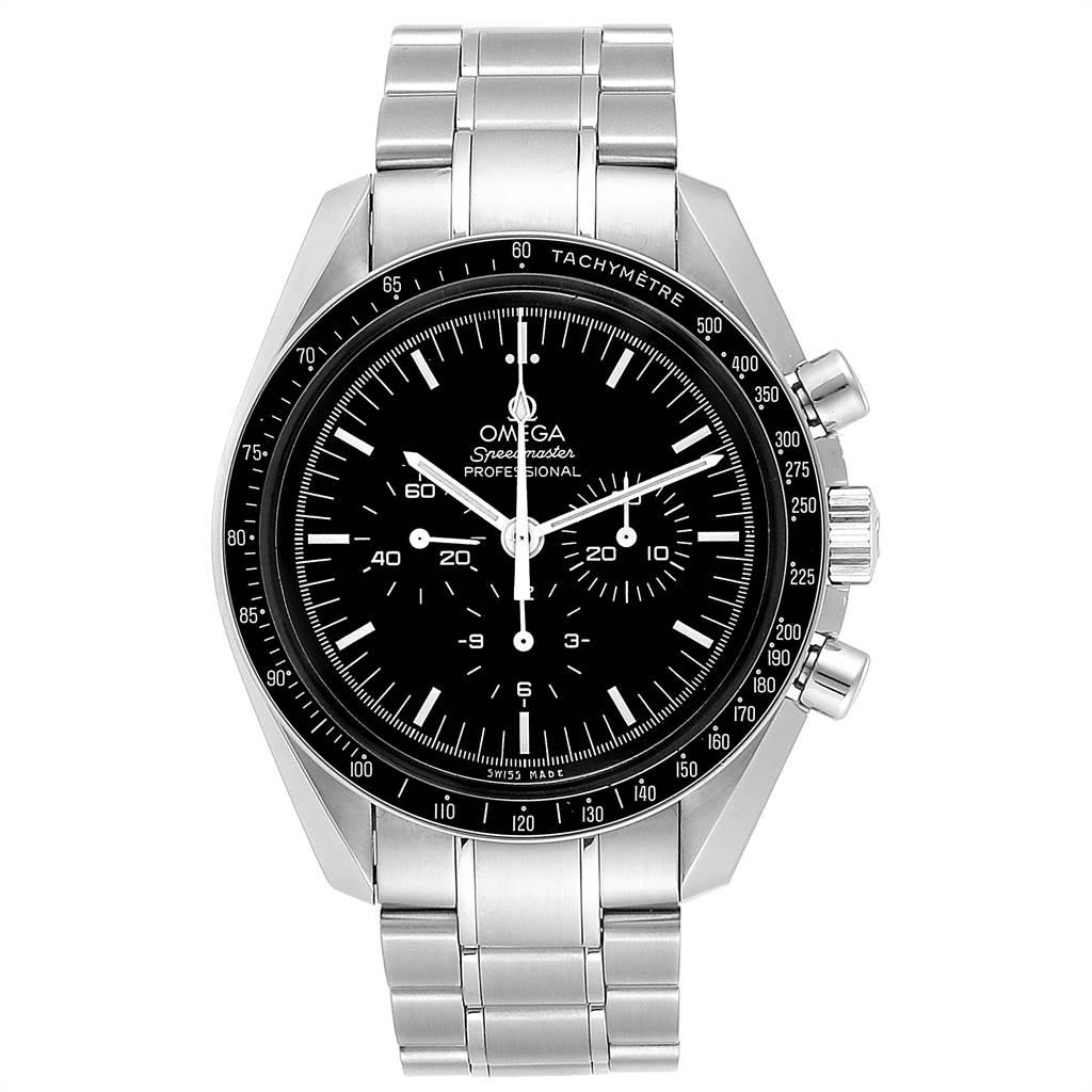 Omega Speedmaster Chronograph Black Dial Mens MoonWatch 3570.50.00. Manual winding chronograph movement. Stainless steel round case 42.0 mm in diameter. Fixed stainless steel bezel with tachymetre function. Hesalite crystal. Black dial with indexes