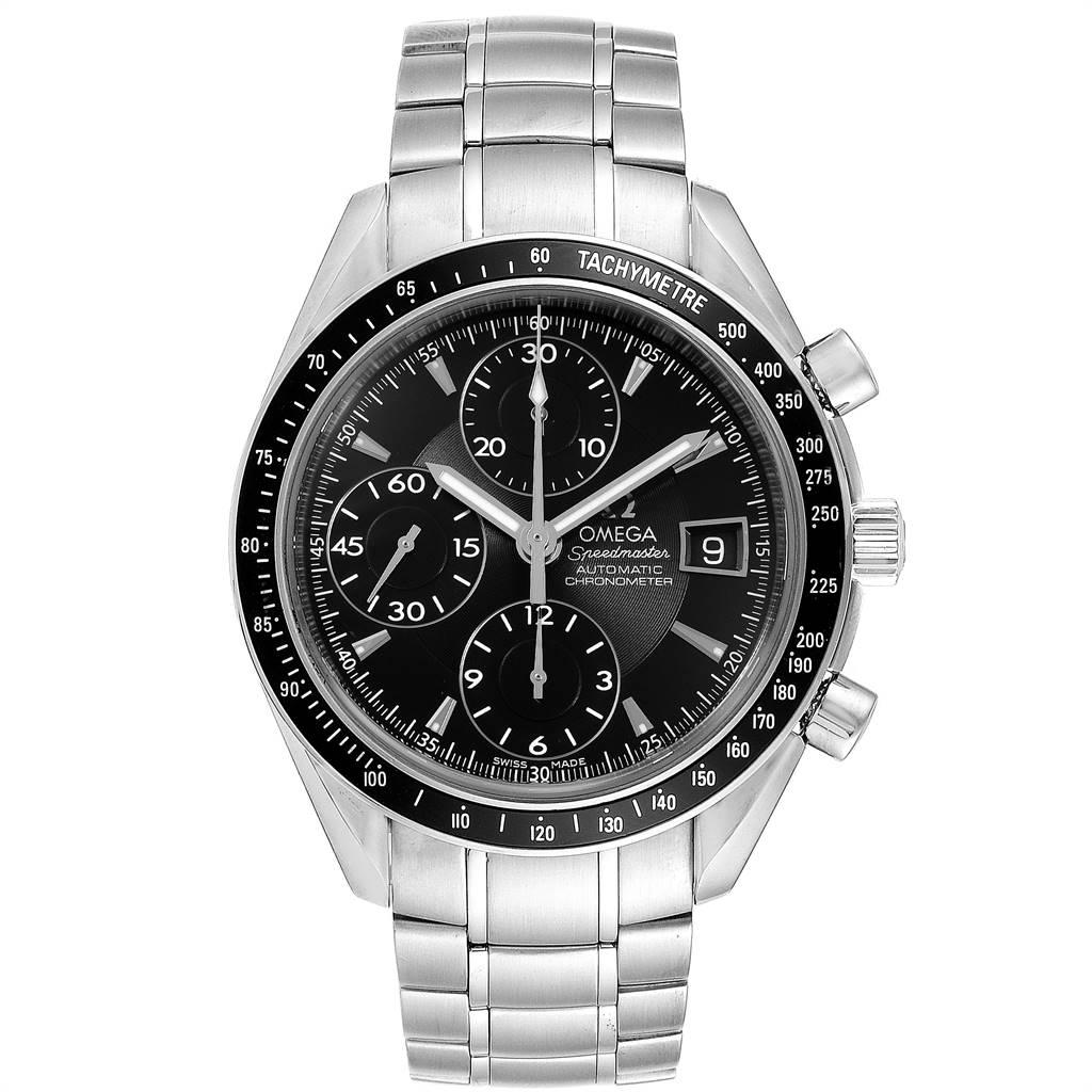 Omega Speedmaster Chronograph Black Dial Mens Watch 3210.50.00 Cards. Authomatic self-winding winding chronograph movement. Stainless steel round case 40.0 mm in diameter. Black bezel with tachymetre function. Scratch-resistant sapphire crystal with