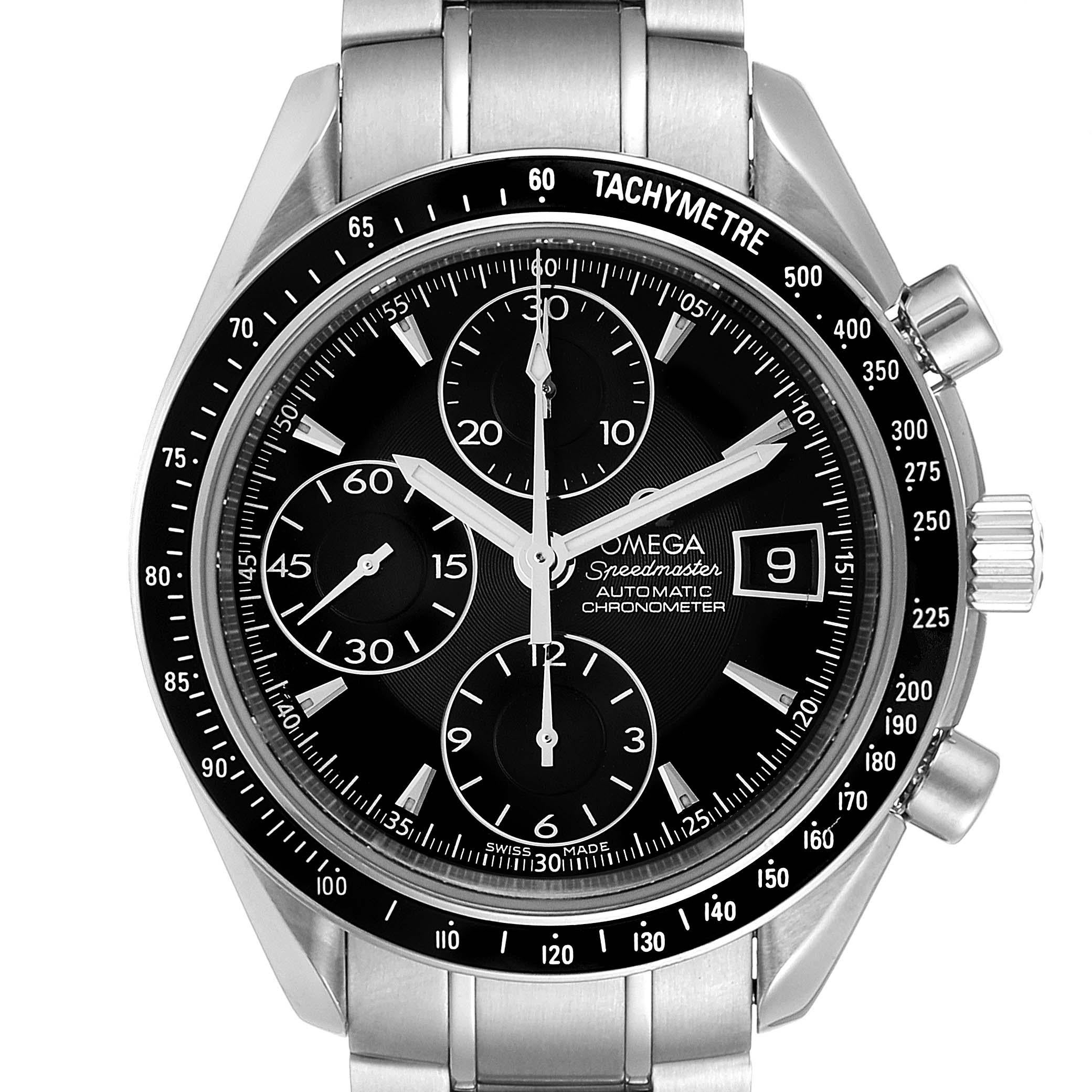 Omega Speedmaster Chronograph Black Dial Mens Watch 3210.50.00. Automatic self-winding winding chronograph movement. Stainless steel round case 40.0 mm in diameter. Black bezel with tachymetre function. Scratch-resistant sapphire crystal with