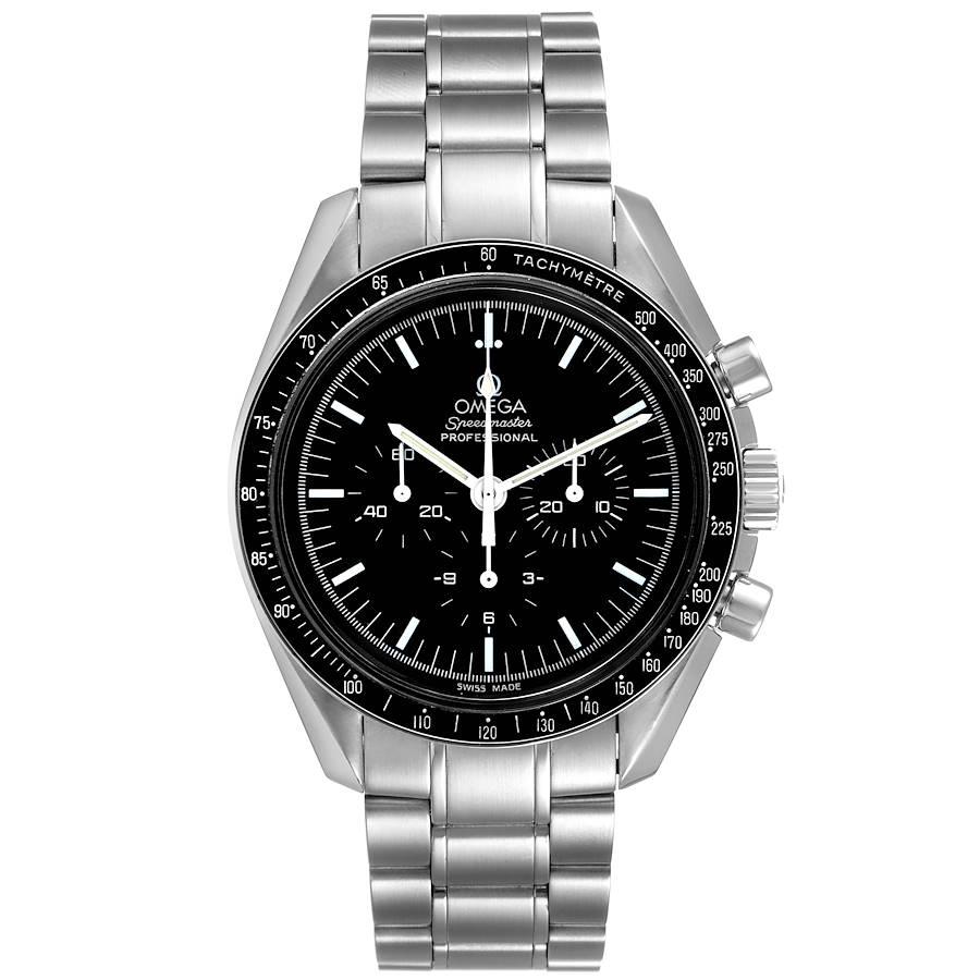 Omega Speedmaster Chronograph Black Dial MoonWatch 3570.50.00 Box Card. Manual winding chronograph movement. Stainless steel round case 42.0 mm in diameter. Stainless steel bezel with tachymetre function. Hesalite crystal. Black dial with indexes