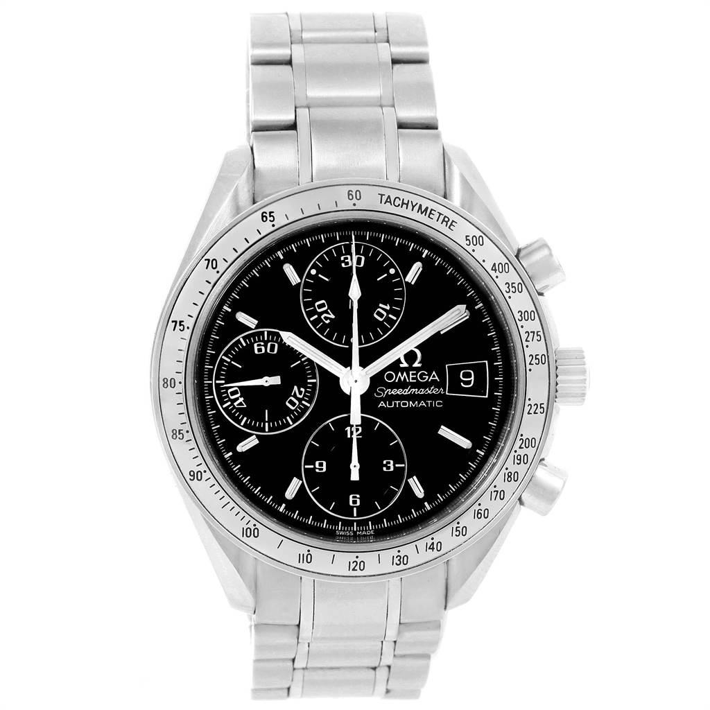 Omega Speedmaster Chronograph Black Dial Steel Watch 3513.50.00 Card. Automatic self-winding chronograph movement. Stainless steel round case 39 mm in diameter. Fixed stainless steel bezel with tachymetre function. Scratch-resistant sapphire crystal