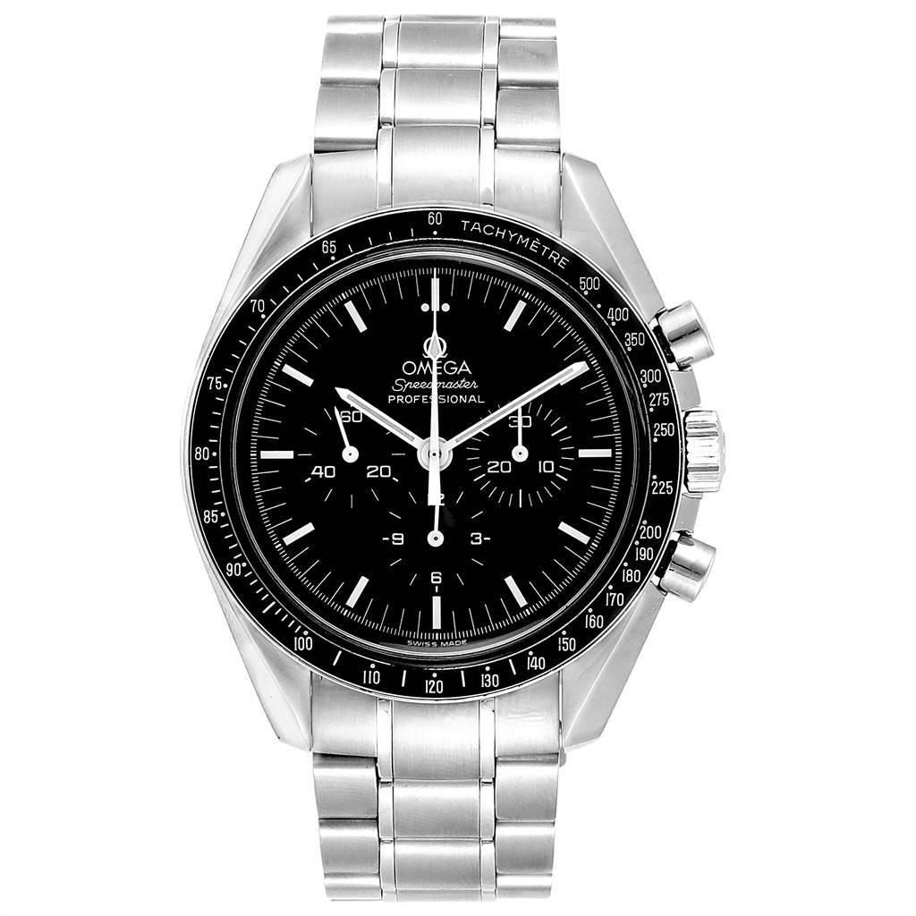 Omega Speedmaster Chronograph Mechanical Steel Moon Watch 3570.50.00. Manual winding chronograph movement. Stainless steel round case 42.0 mm in diameter. Stainless steel bezel with tachymetre function. Hesalite crystal. Black dial with indexes and