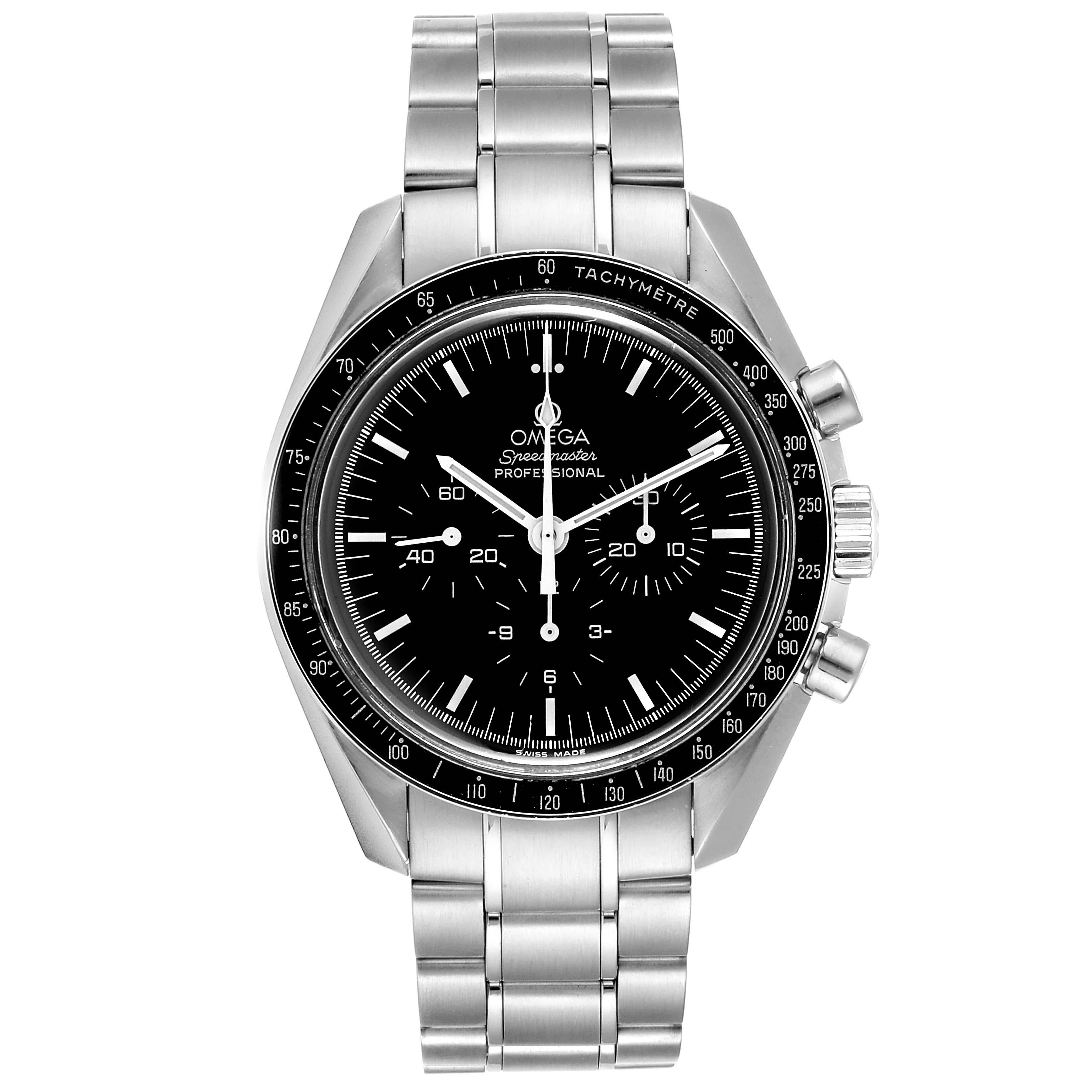 Omega Speedmaster Chronograph Mens MoonWatch 3570.50.00 Box Card. Manual winding chronograph movement. Stainless steel round case 42.0 mm in diameter. Stainless steel bezel with tachymetre function. Hesalite crystal. Black dial with indexes and