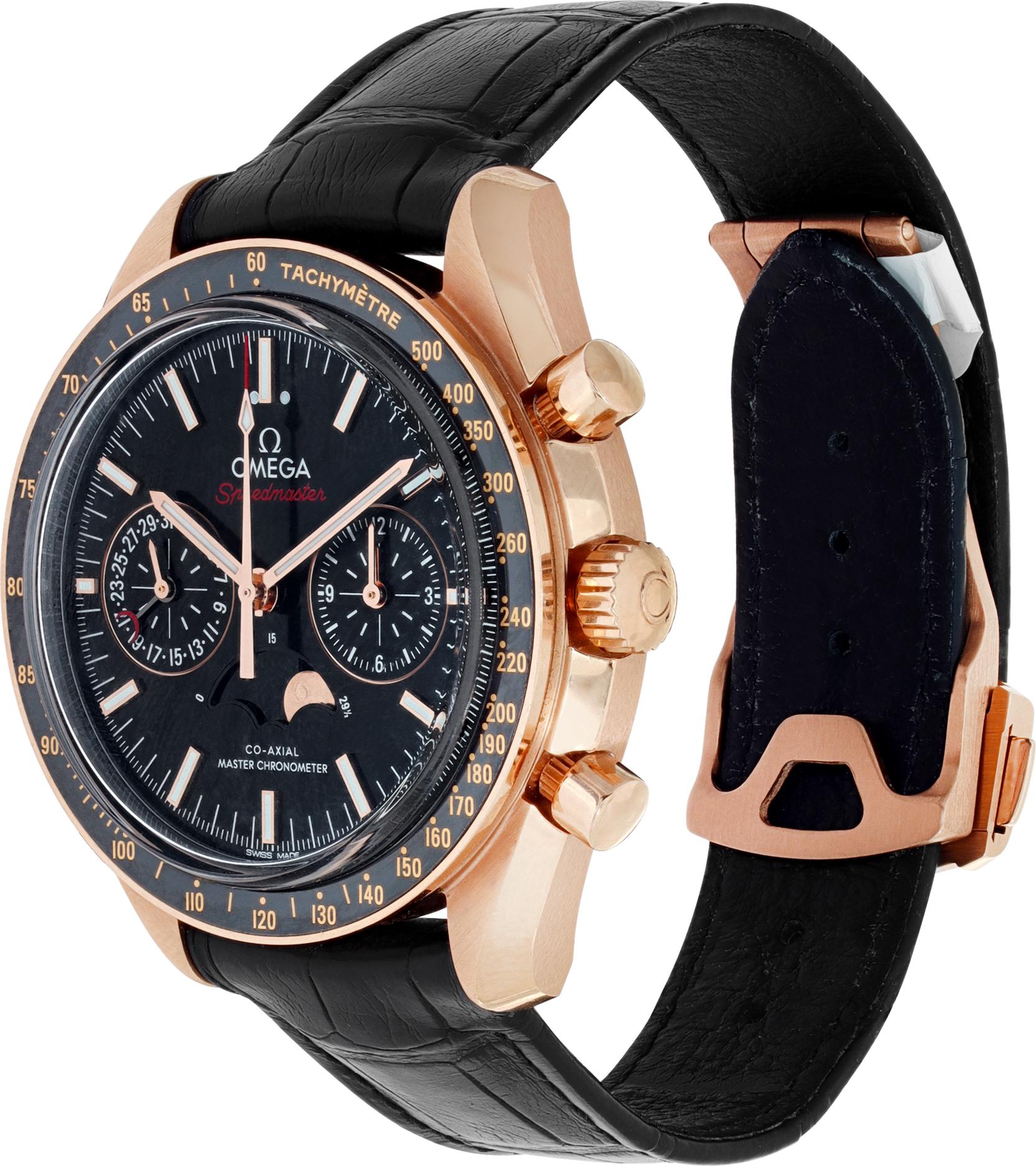 Omega Speedmaster in 18k rose gold on a original black crocodile strap. Auto w/ chronograph and moonphase. 44 mm case size. Ref O30463445201001. Fine Pre-owned Omega Watch.

 Certified preowned Sport Omega Speedmaster O30463445201001 watch on a