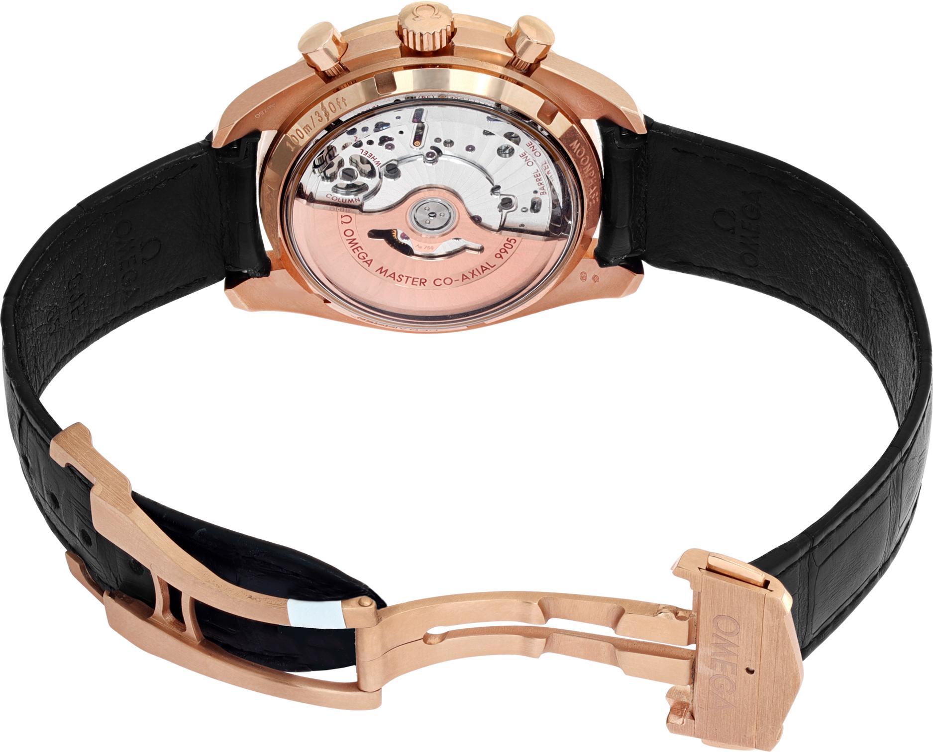Men's Omega Speedmaster Chronograph Moonphase Rose Gold Watch – Ref. O30463445201001 For Sale