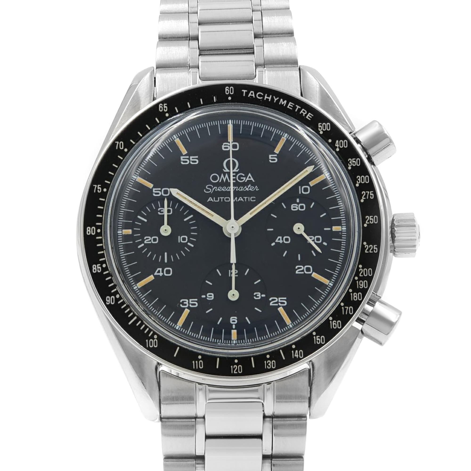 Pre Owned Omega Speedmaster 39mm Chronograph Reduced Steel Black Dial Men Watch 3510.50.00. This Beautiful Timepiece Features: Stainless Steel Case & Bracelet Fixed Stainless Steel Bezel with Black Tachymeter Scale Top Ring, Black Dial with Luminous