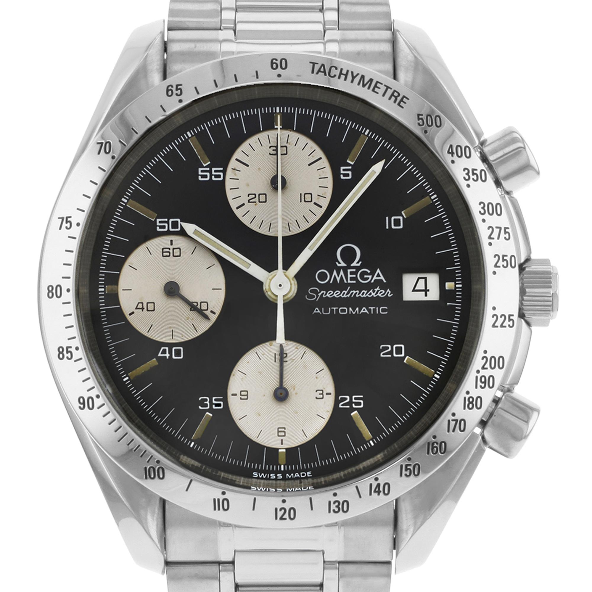 This pre-owned Omega Speedmaster  3511.50.00 is a beautiful men's timepiece that is powered by mechanical (automatic) movement which is cased in a stainless steel case. It has a round shape face, chronograph, date indicator, small seconds subdial