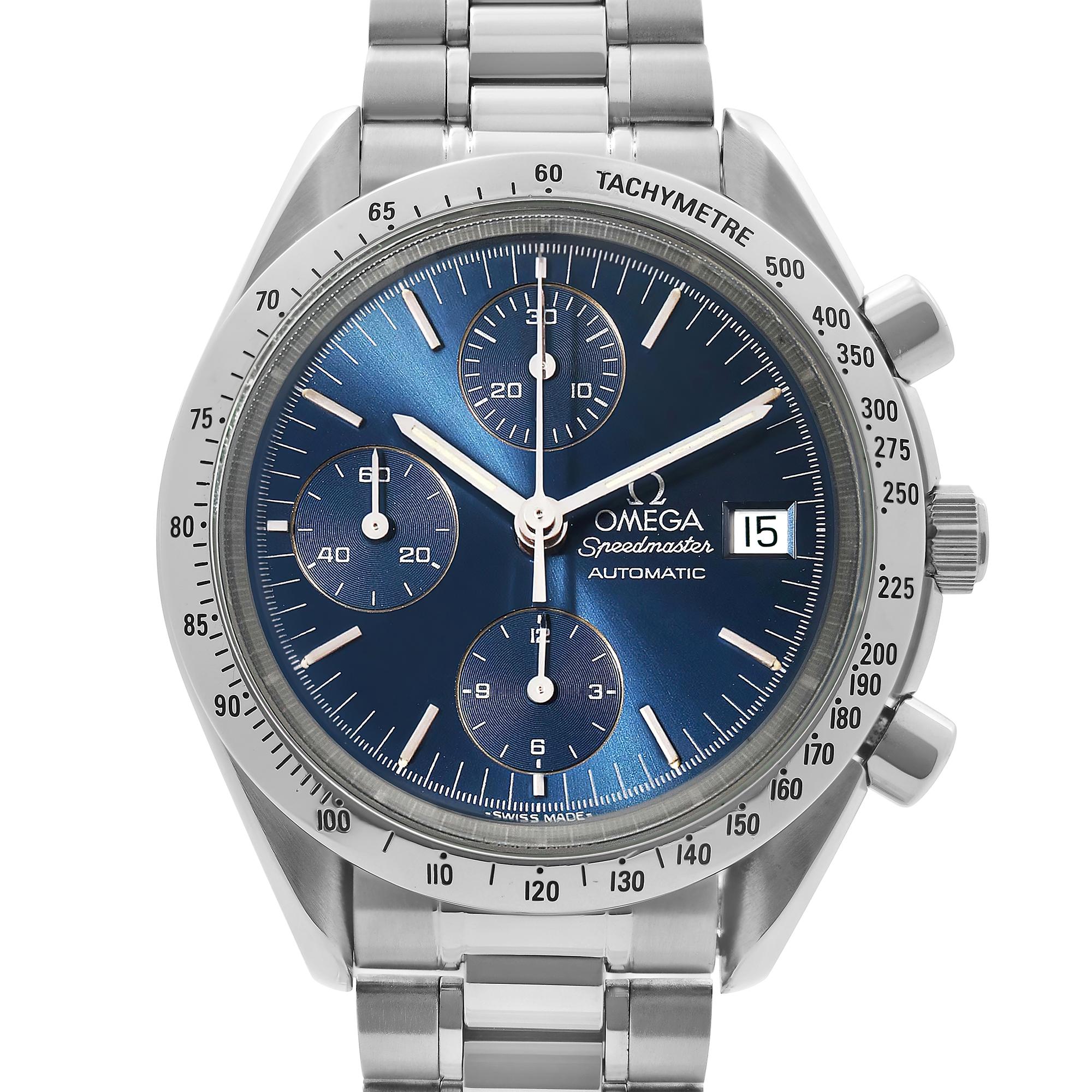 Pre-owned Omega Speedmaster Stainless Steel Blue Dial Automatic Men's Watch. Minor patina on hour markers and on handsThe Watch Bezel Shows Minor Dents between  225-200 Number. No Original Box and Papers are Included. Comes with Chronostore