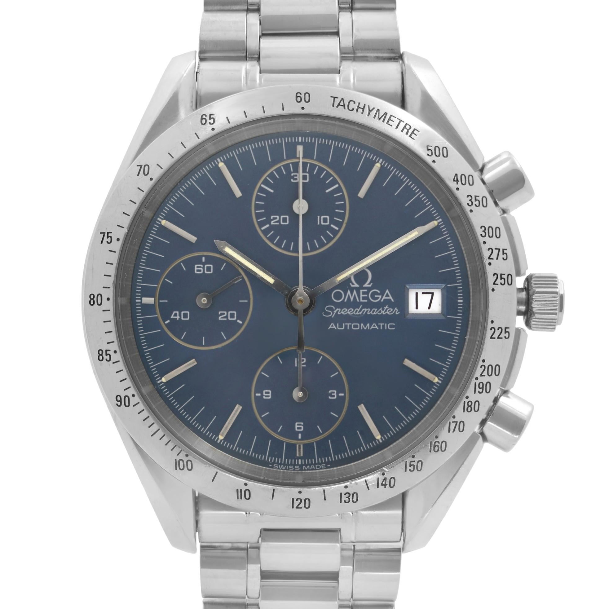 Pre-owned Omega Speedmaster Chronograph Steel Blue Dial Automatic Men's Watch 3511.80.00. Minor Dirt Sign-on hand due to age. No Original Box and Papers are Included. Comes with Chronostore Presentation Box and Authenticity Card. Covered by 1-year