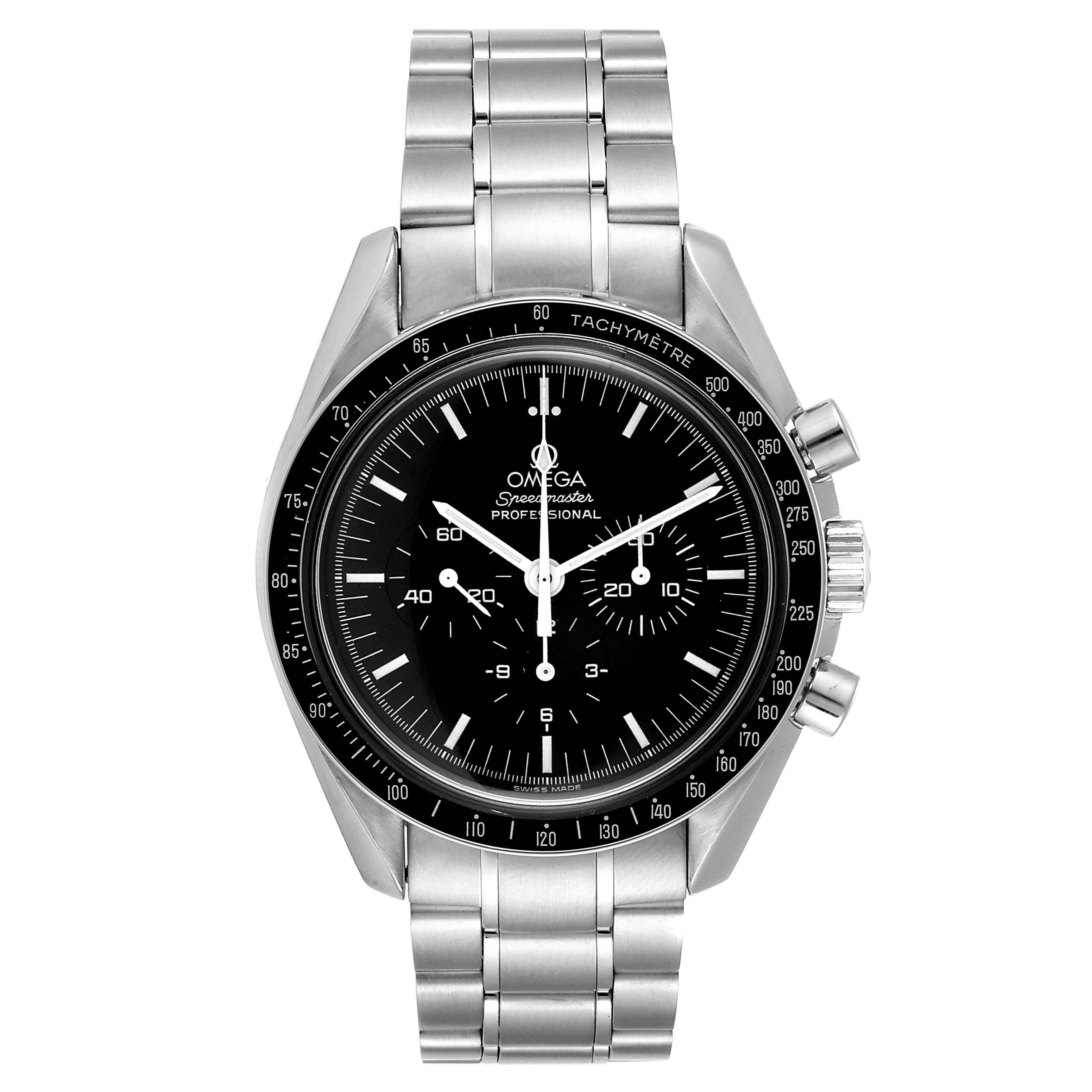 Omega Speedmaster Chronograph Steel Mens Moon Watch 3570.50.00 Card. Manual winding chronograph movement. Stainless steel round case 42.0 mm in diameter. Stainless steel bezel with tachymetre function. Hesalite crystal. Black dial with indexes and