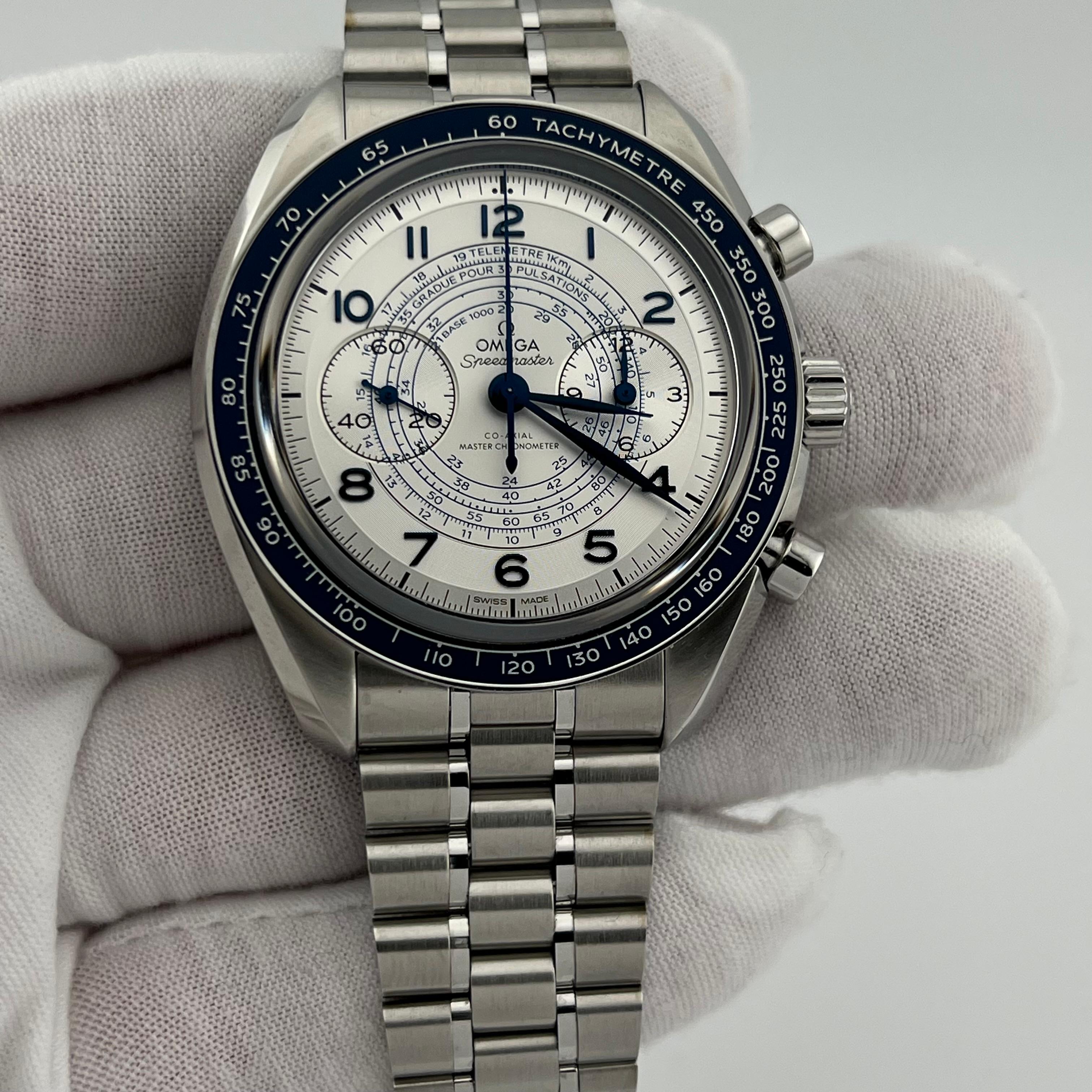 Omega Speedmaster Chronoscope 329.30.43.51.02.001 43mm Edelstahl Box Papier im Zustand „Hervorragend“ im Angebot in San Diego, CA