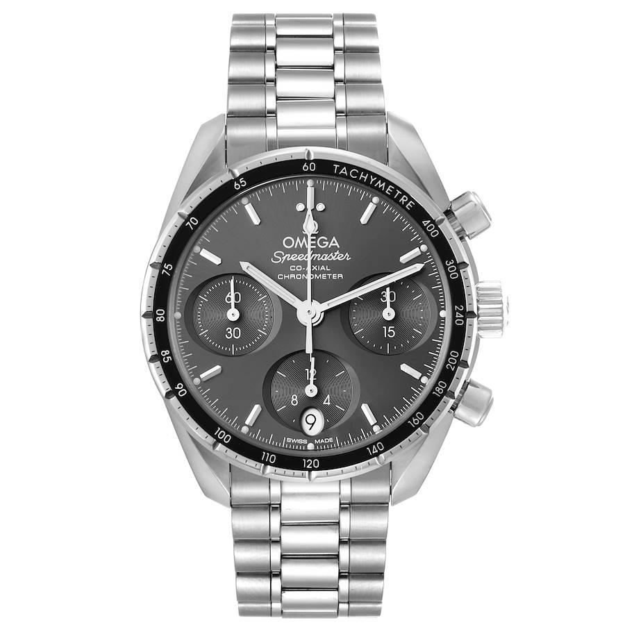 Omega Speedmaster Co-Axial 38 Chronograph Stahl Herrenuhr 324.30.38.50.06.001. Automatisches Co-Axial-Chronographenwerk mit Selbstaufzug. Kaliber 3330. Rundes Edelstahlgehäuse mit einem Durchmesser von 38.0 mm. Seepferdchen-Medaillon auf dem