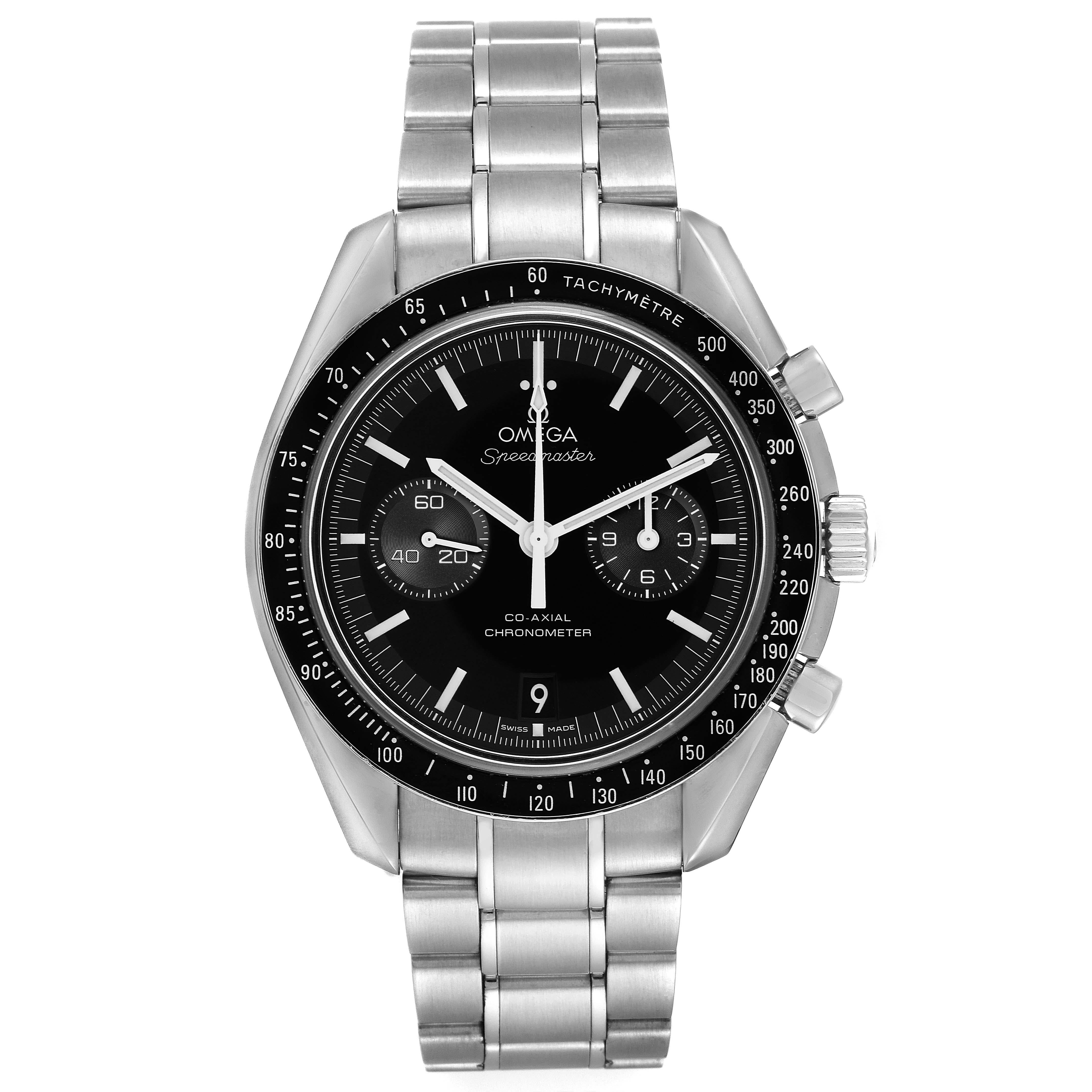 Omega Speedmaster Co-Axial Steel Mens Watch 311.30.44.51.01.002 Box Card. Automatic self-winding chronograph movement with column wheel mechanism and Co-Axial Escapement. Silicon balance-spring on free sprung-balance, 2 barrels mounted in series,