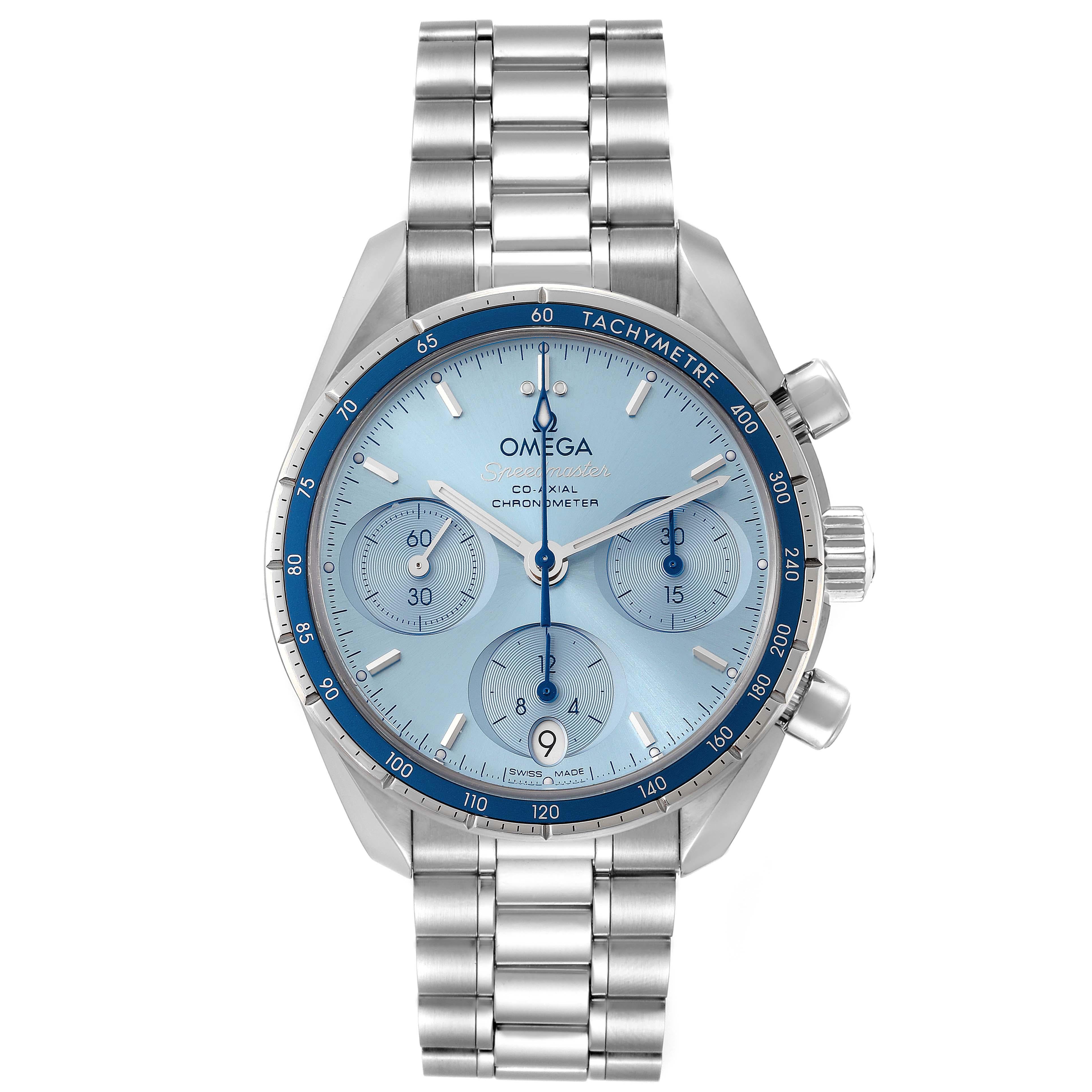 Omega Speedmaster Co-Axial Steel Mens Watch 324.30.38.50.03.001 Box Card. Automatic self-winding chronograph movement with column-wheel mechanism and Co-Axial escapement. Free sprung-balance equipped with Si14 silicon balance spring. Officially