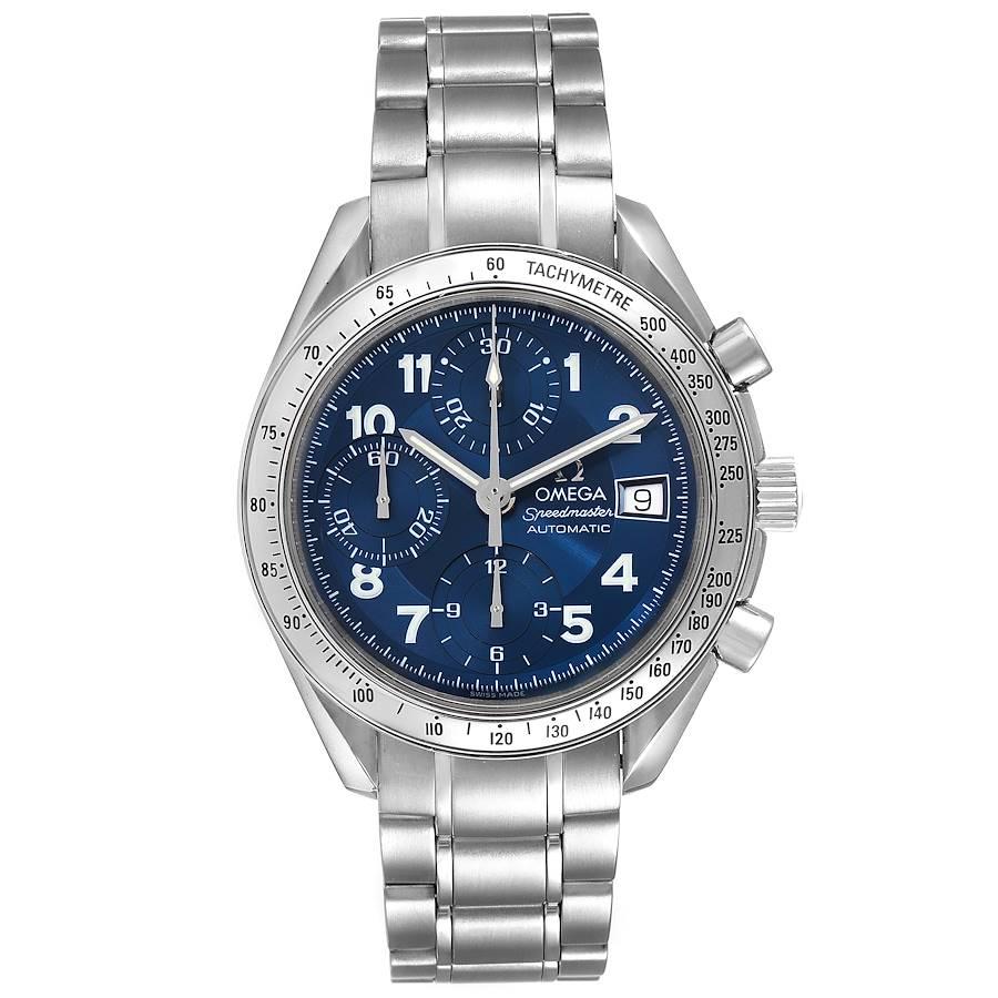 Omega Speedmaster Date 39 Blue Dial Chronograph Mens Watch 3513.82.00. Automatic self-winding chronograph movement. Stainless steel round case 39 mm in diameter. Stainless steel bezel with tachymetric scale. Scratch-resistant sapphire crystal with