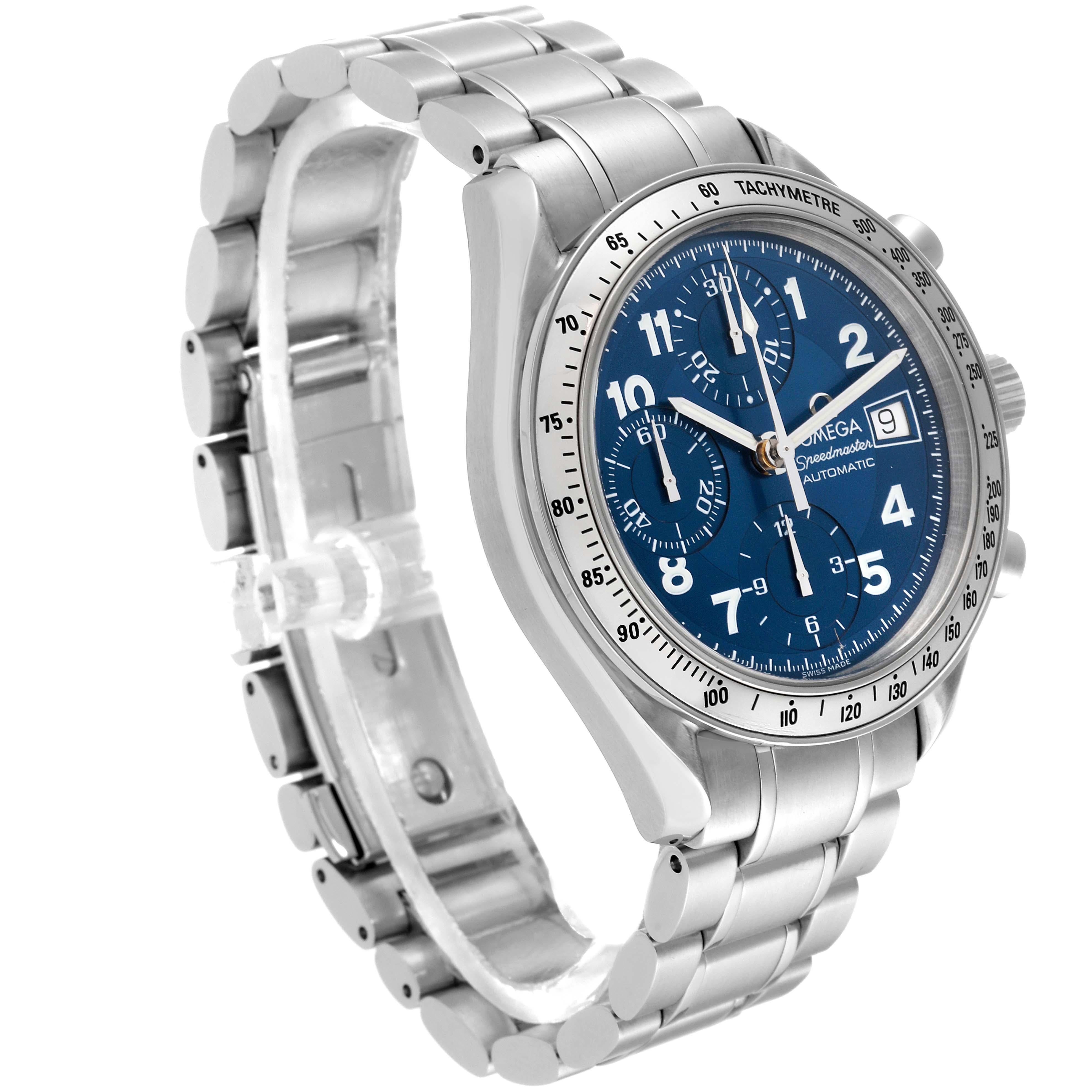 Omega Speedmaster Date 39 Blue Dial Chronograph Steel Mens Watch 3513.82.00. Automatic self-winding chronograph movement. Stainless steel round case 39 mm in diameter. Stainless steel bezel with tachymetric scale. Scratch-resistant sapphire crystal