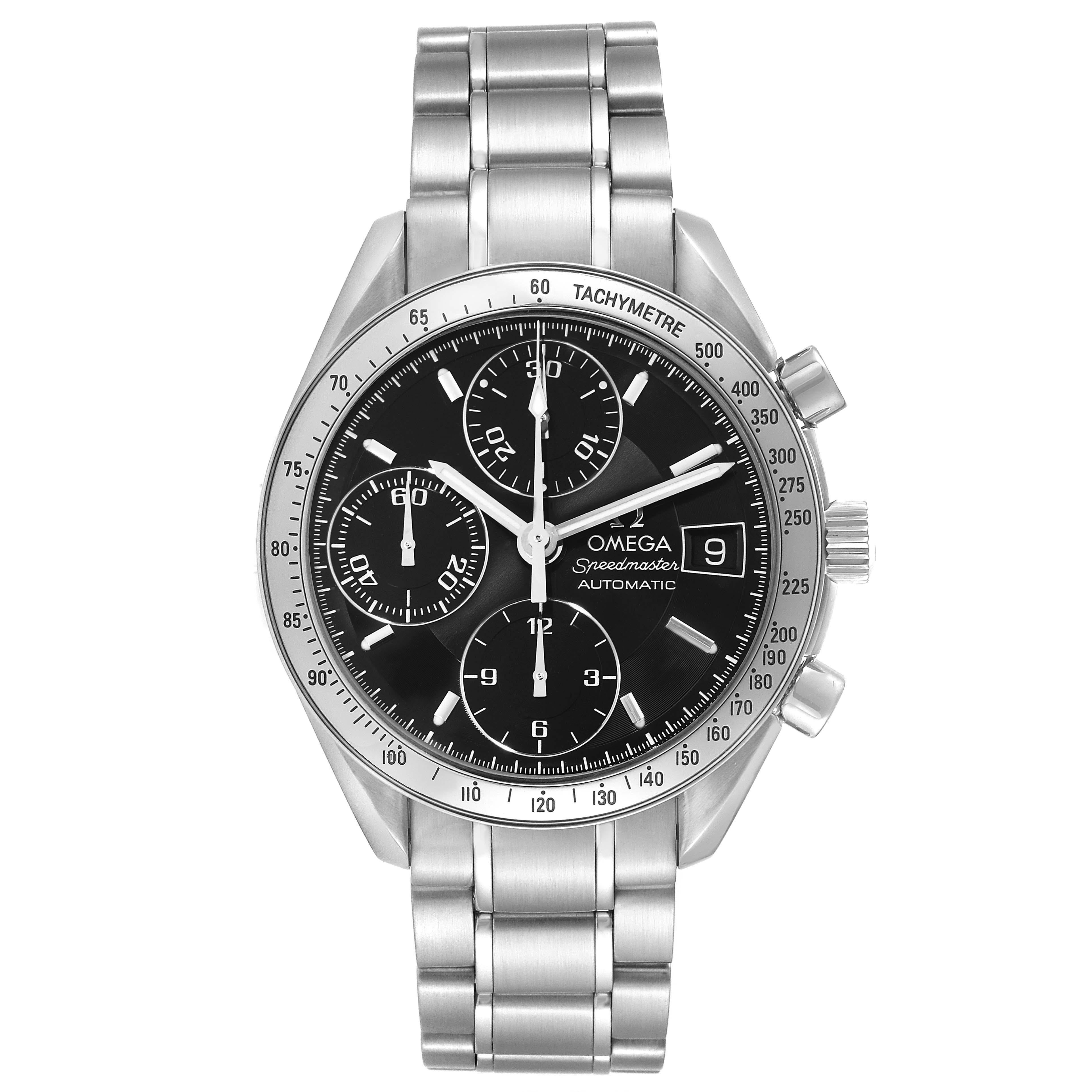 Omega Speedmaster Date 39mm Automatic Steel Mens Watch 3513.50.00 Box Card. Automatic self-winding chronograph movement. Stainless steel round case 39 mm in diameter. Stainless steel bezel with tachymetre function. Scratch-resistant sapphire crystal