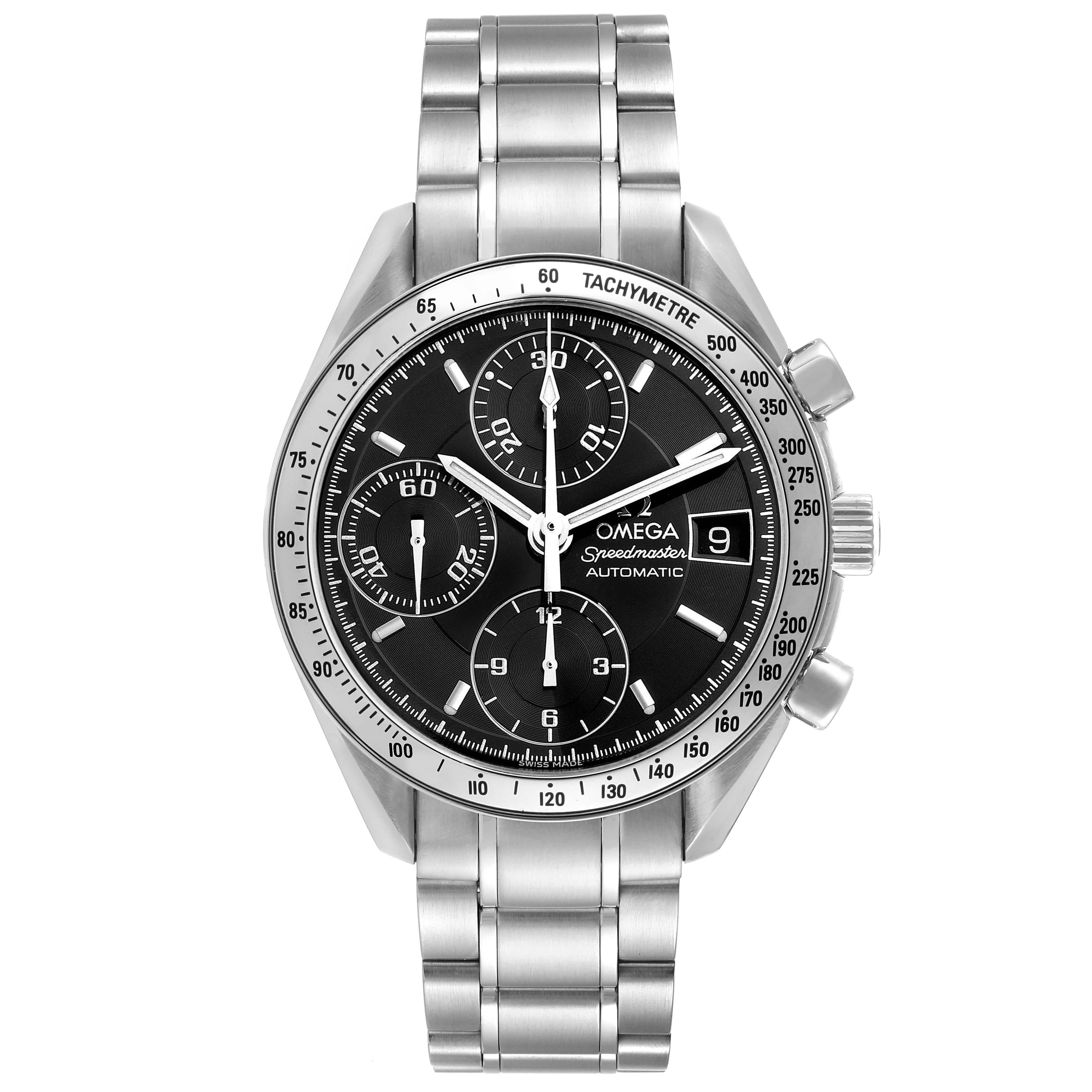 Omega Speedmaster Date 39mm Automatic Steel Mens Watch 3513.50.00 Card. Automatic self-winding chronograph movement. Stainless steel round case 39 mm in diameter. Stainless steel bezel with tachymetre function. Scratch-resistant sapphire crystal