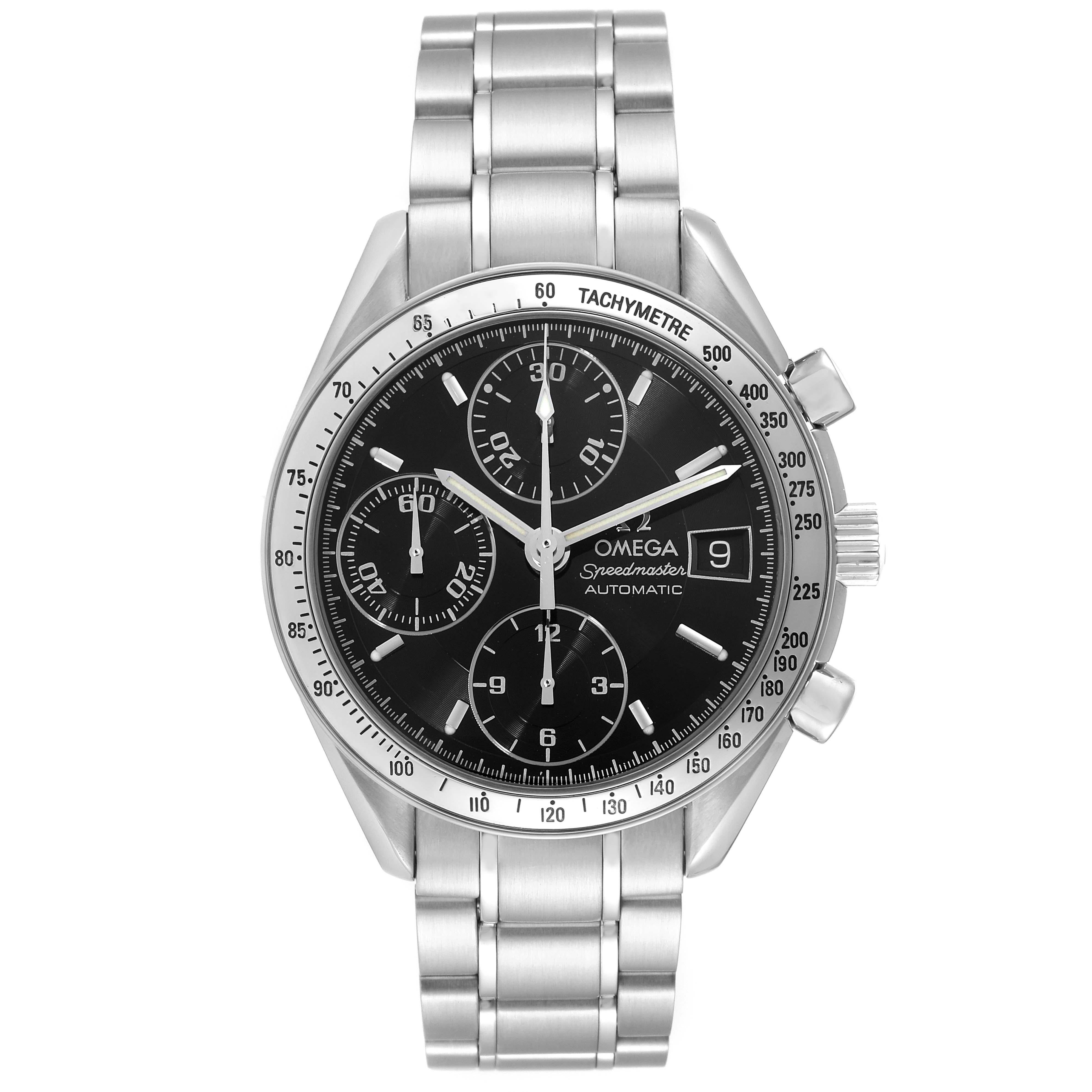 Omega Speedmaster Date 39mm Automatic Steel Mens Watch 3513.50.00. Automatic self-winding chronograph movement. Stainless steel round case 39 mm in diameter. Stainless steel bezel with tachymetre function. Scratch-resistant sapphire crystal with