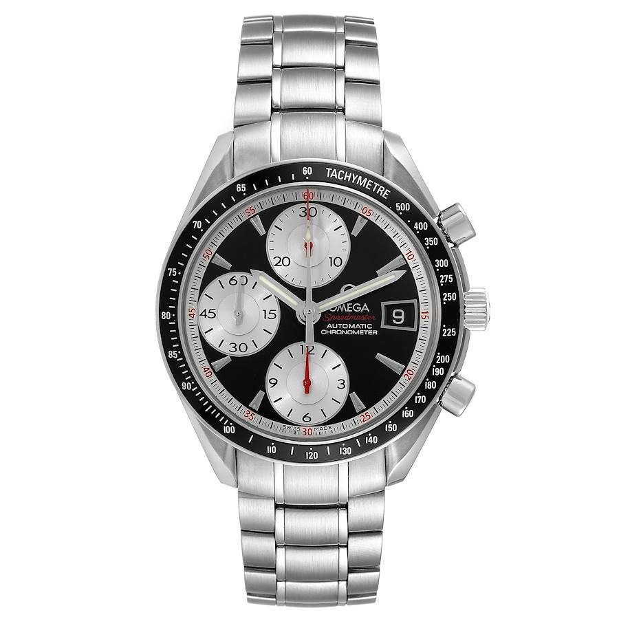 Omega Speedmaster Date 40 Black Dial Steel Mens Watch 3210.51.00 Box Card. Automatic self-winding chronograph movement. Stainless steel round case 40.0 mm in diameter. Black bezel with tachymetric scale. Scratch-resistant sapphire crystal with