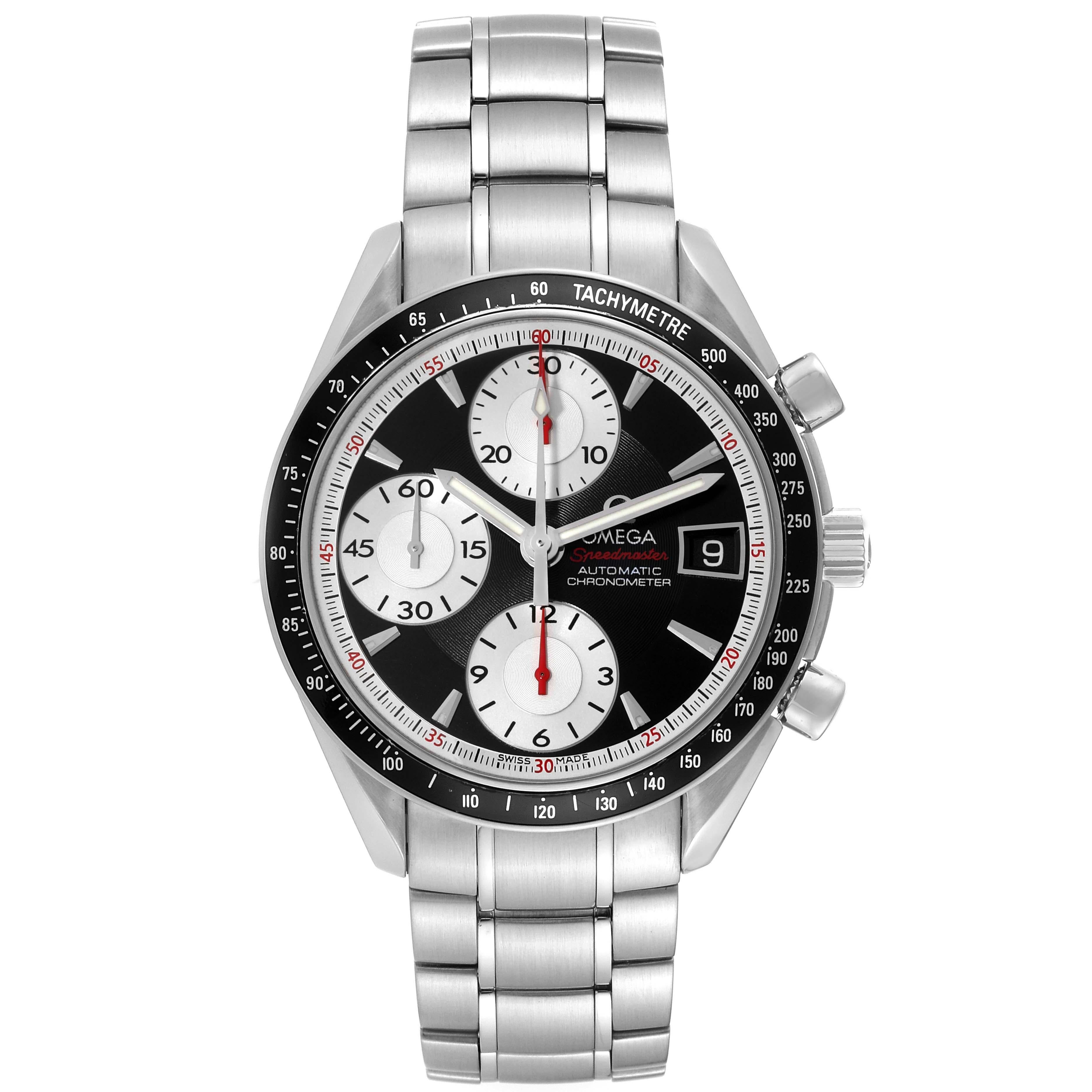 Omega Speedmaster Date 40 Black Dial Steel Mens Watch 3210.51.00. Automatic self-winding chronograph movement. Stainless steel round case 40.0 mm in diameter. Black bezel with tachymetric scale. Scratch-resistant sapphire crystal with