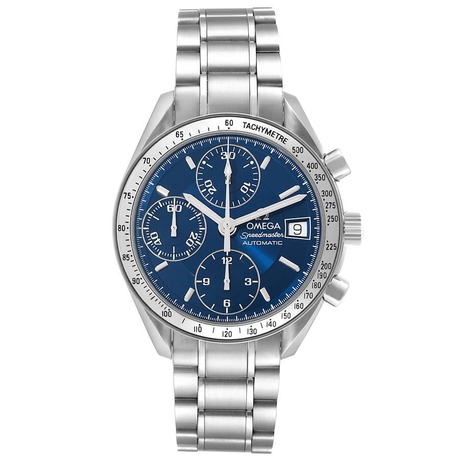 Omega Speedmaster Date Automatic Blue Dial Steel Mens Watch 3513.80.00 Box Card. Automatic self-winding chronograph movement. Stainless steel round case 39 mm in diameter. Polished stainless steel bezel with engraved tachymetre function.