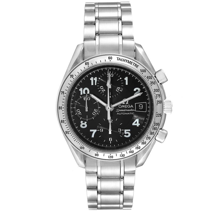 Omega Speedmaster Date Black Arabic Dial Steel Mens Watch 3513.52.00. Automatic self-winding chronograph movement. Stainless steel round case 39.0 mm in diameter. Stainless steel bezel with tachymetric scale. Scratch-resistant sapphire crystal with