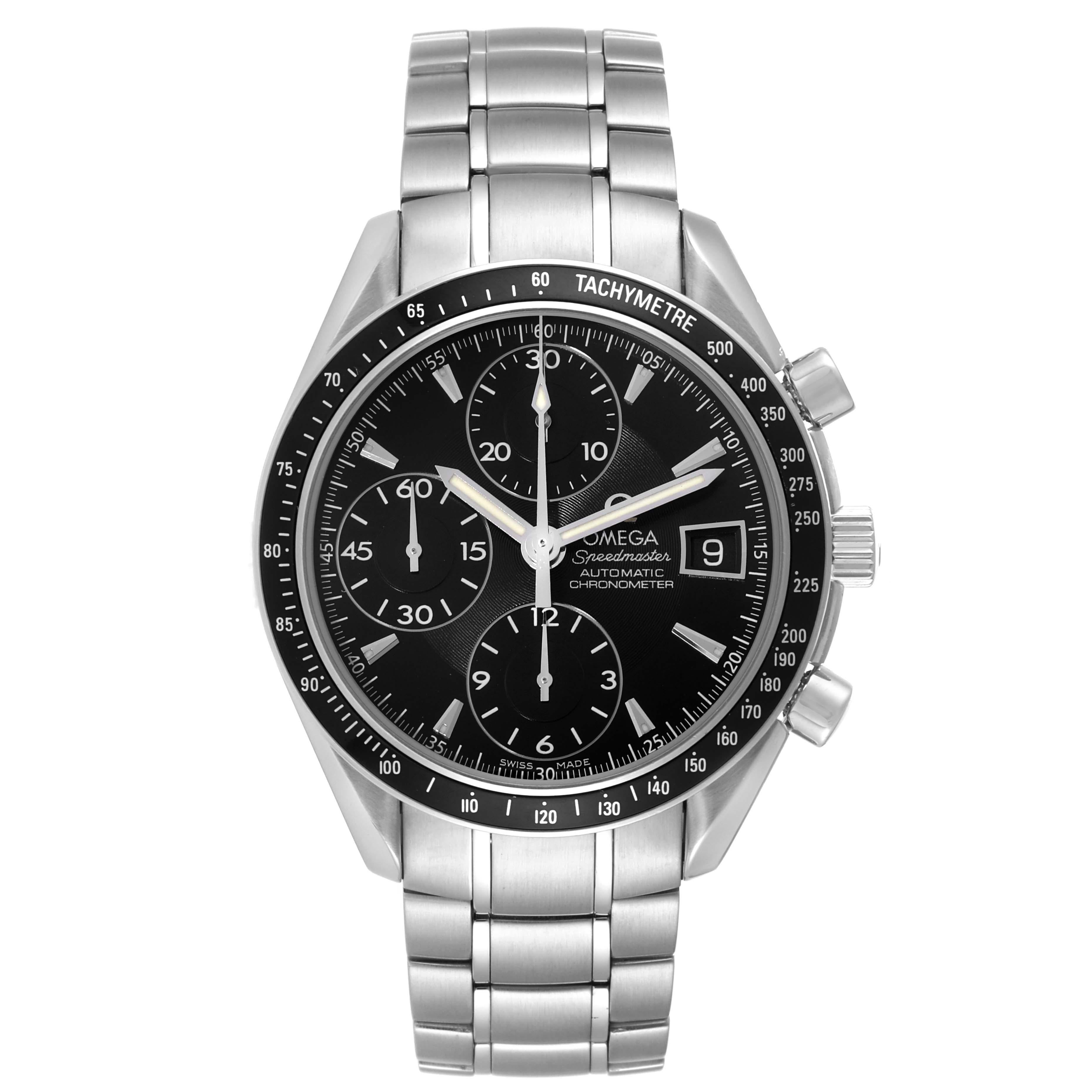 Omega Speedmaster Date Black Dial Steel Mens Watch 3210.50.00 Box Card. Automatic self-winding chronograph movement. Stainless steel round case 40.0 mm in diameter. Black bezel with tachymeter function. Scratch-resistant sapphire crystal with