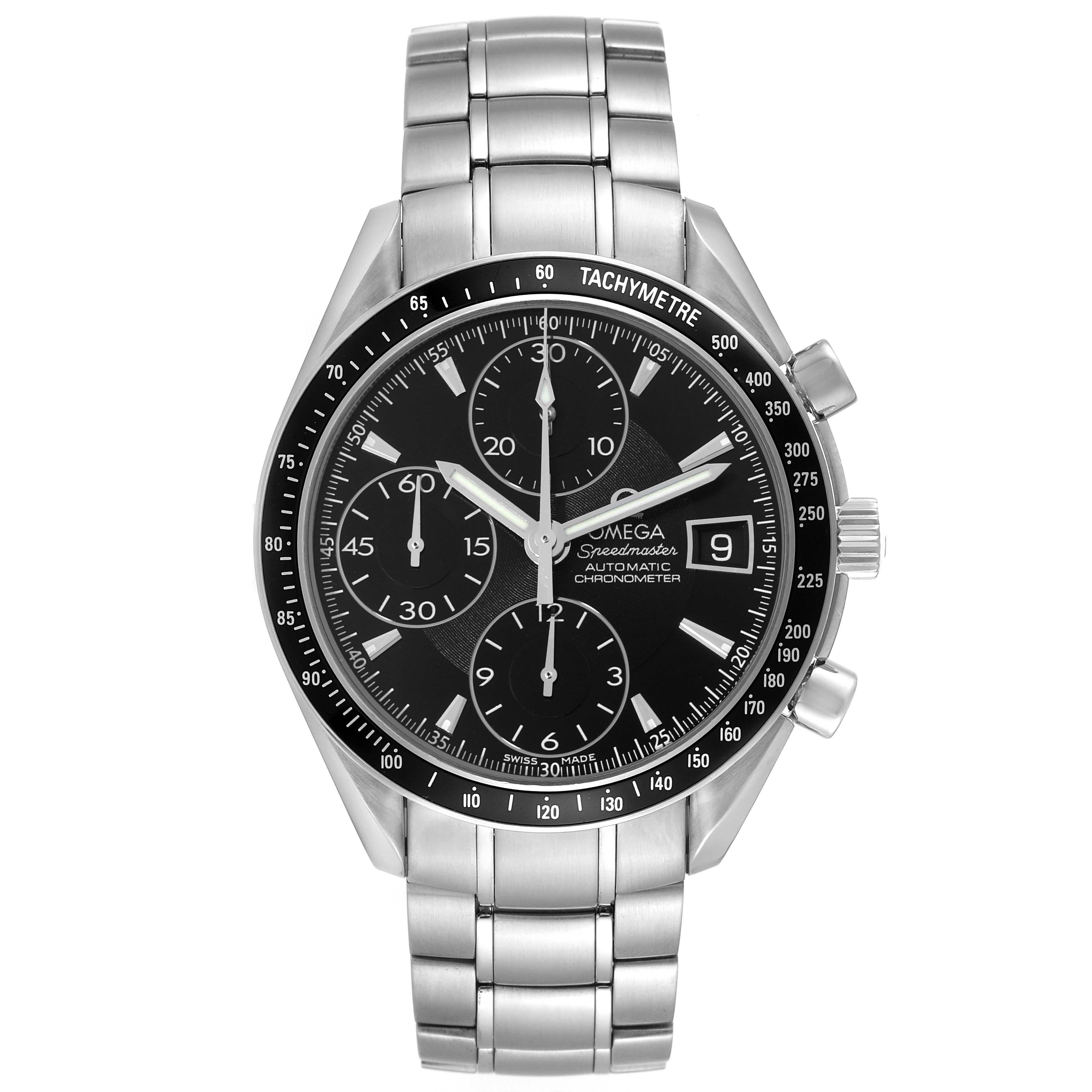 Omega Speedmaster Date Black Dial Steel Mens Watch 3210.50.00. Automatic self-winding chronograph movement. Stainless steel round case 40.0 mm in diameter. Black bezel with tachymeter function. Scratch-resistant sapphire crystal with anti-reflective