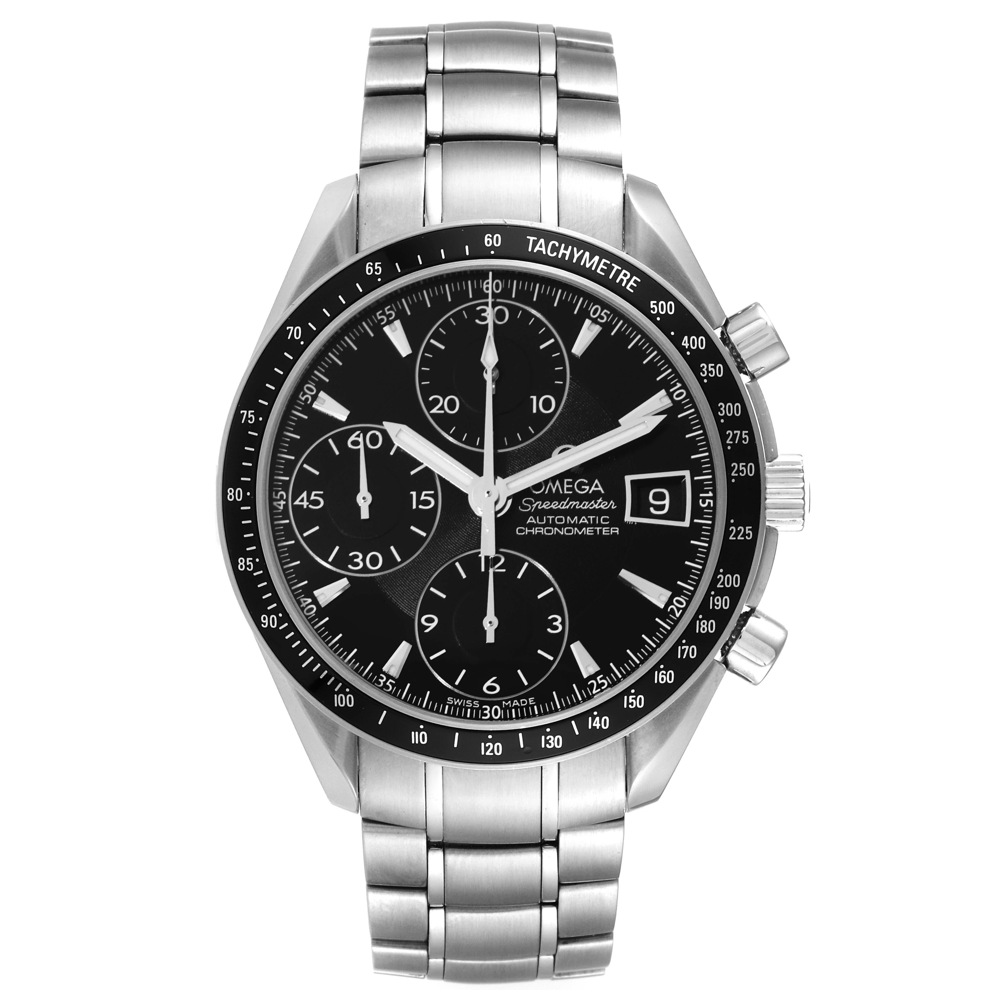 Omega Speedmaster Date Black Dial Steel Mens Watch 3210.50.00. Automatic self-winding chronograph movement. Stainless steel round case 40.0 mm in diameter. Black bezel with tachymeter function. Scratch-resistant sapphire crystal with anti-reflective