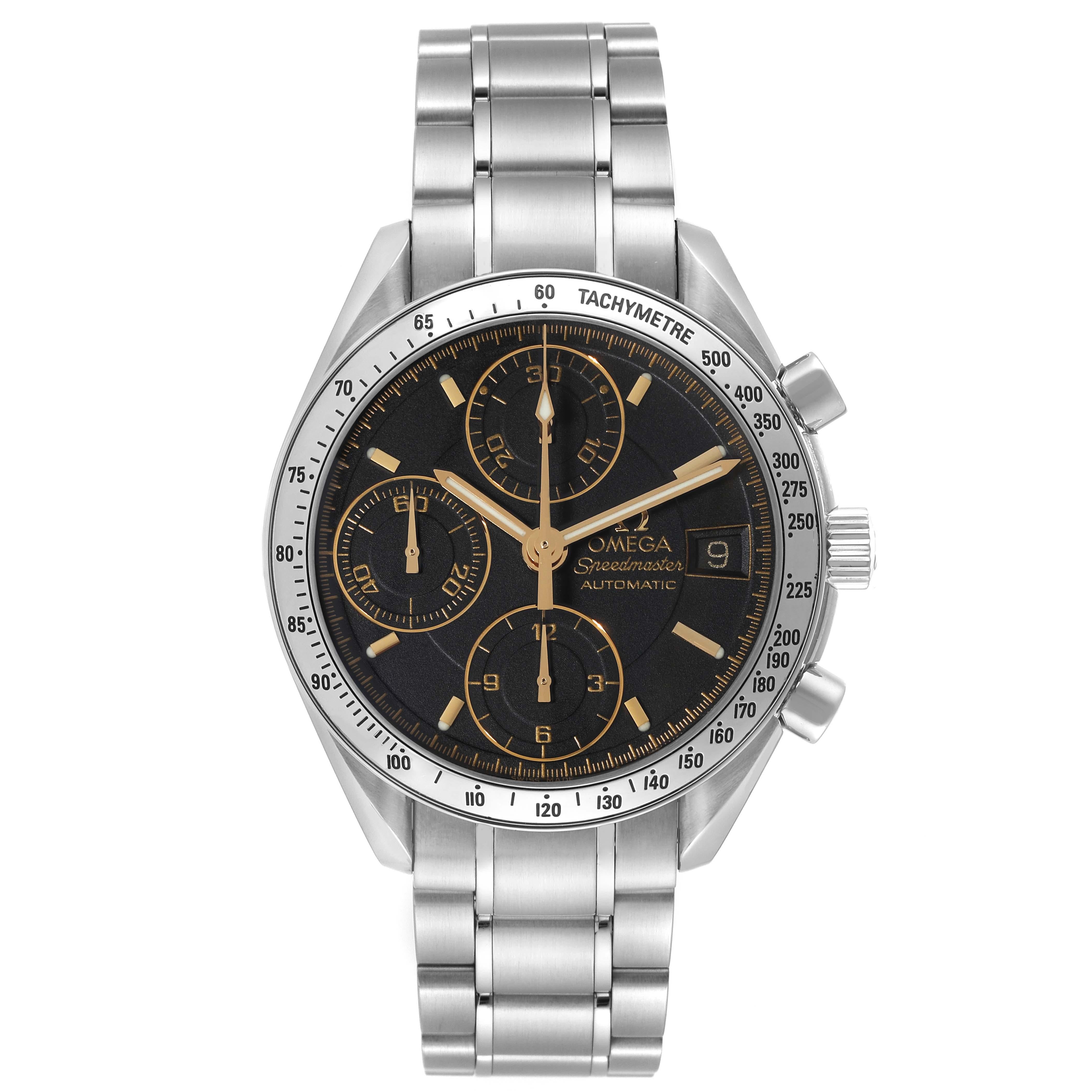 Omega Speedmaster Date Black Dial Steel Mens Watch 3513.54.00. Automatic self-winding chronograph movement. Stainless steel round case 39.0 mm in diameter. Stainless steel bezel with tachymetric scale. Scratch-resistant sapphire crystal with