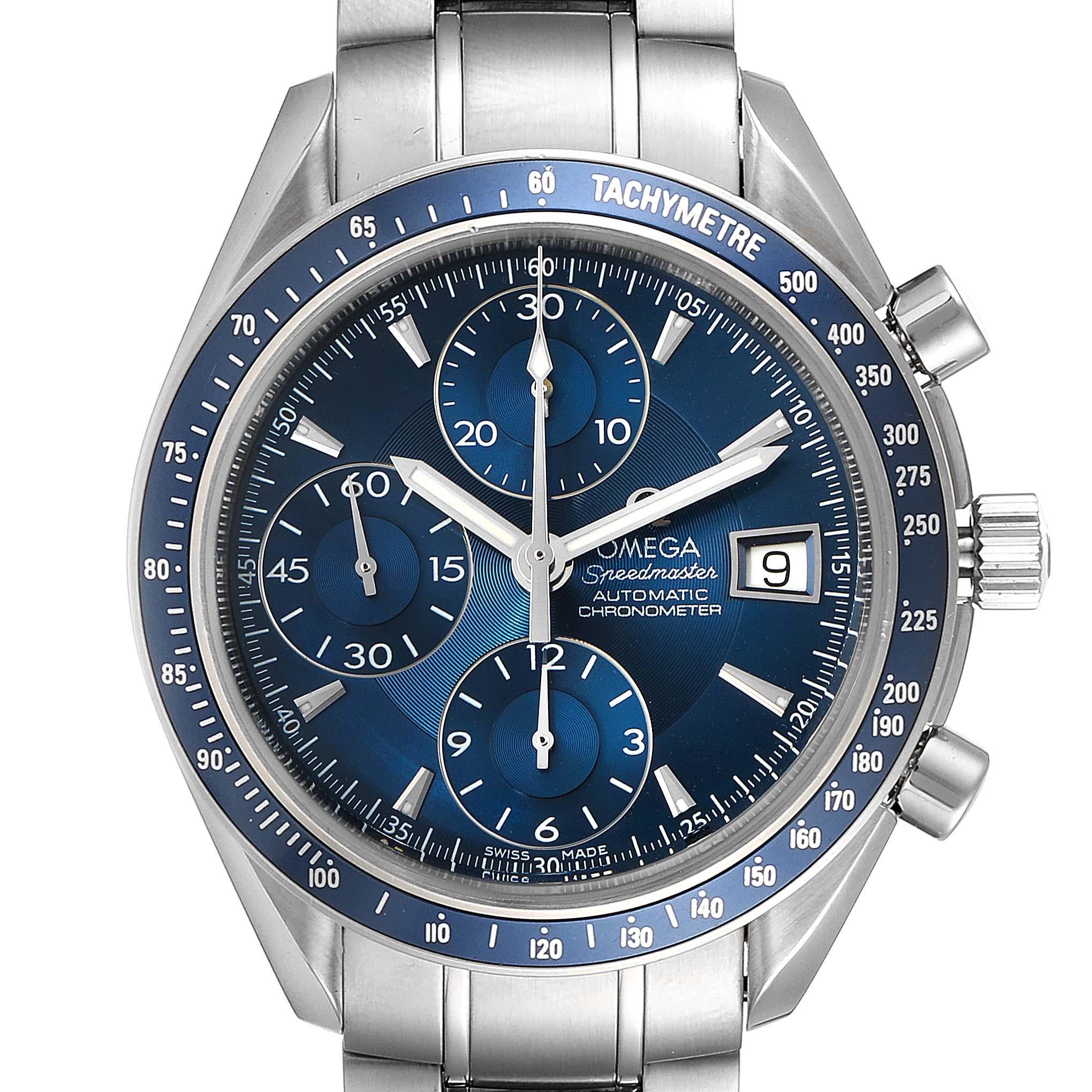 Omega Speedmaster Date Blue Dial Chronograph Mens Watch 3212.80.00. Automatic self-winding chronograph movement. Officially certified chronometer. Stainless steel round case 40.0 mm in diameter. Blue bezel with tachymetric scale. Scratch-resistant