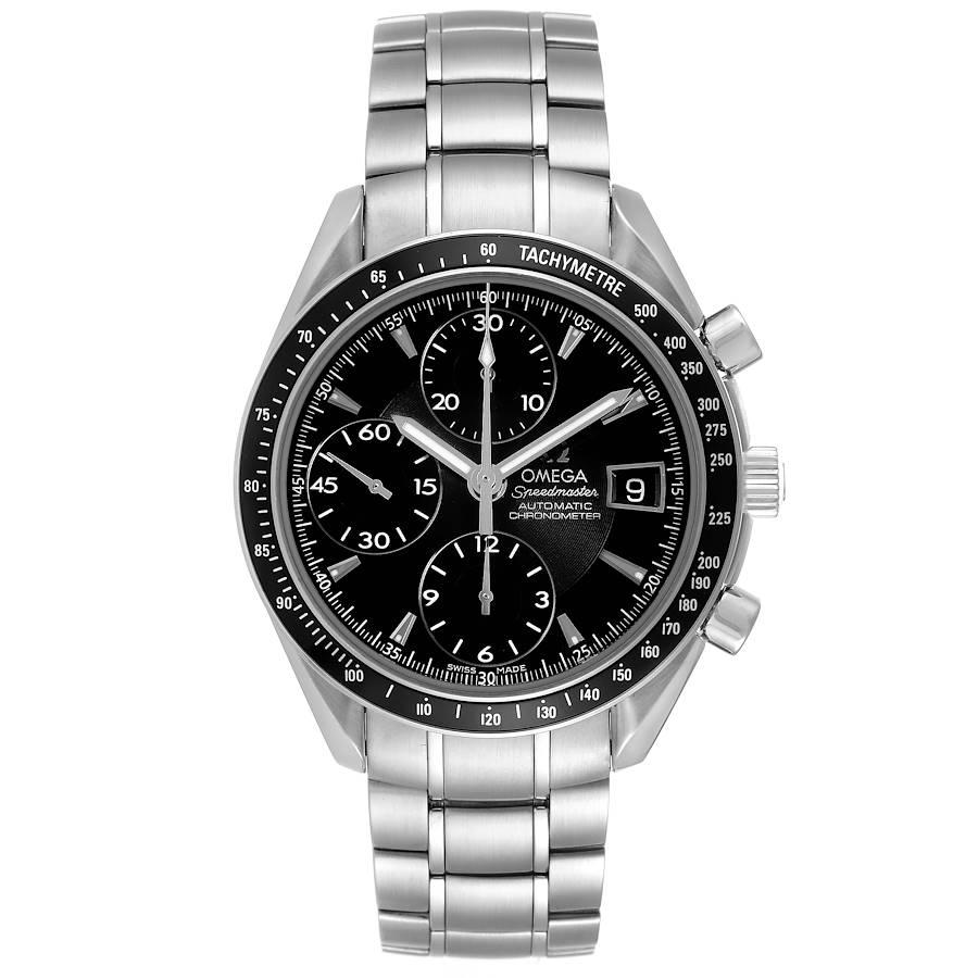 Omega Speedmaster Datum Chronograph schwarzes Zifferblatt Herrenuhr 3210.50.00 Box-Karte. Automatisches Chronographenwerk mit Selbstaufzug. Rundes Edelstahlgehäuse mit einem Durchmesser von 40.0 mm. Schwarze Lünette mit Tachymeterfunktion.