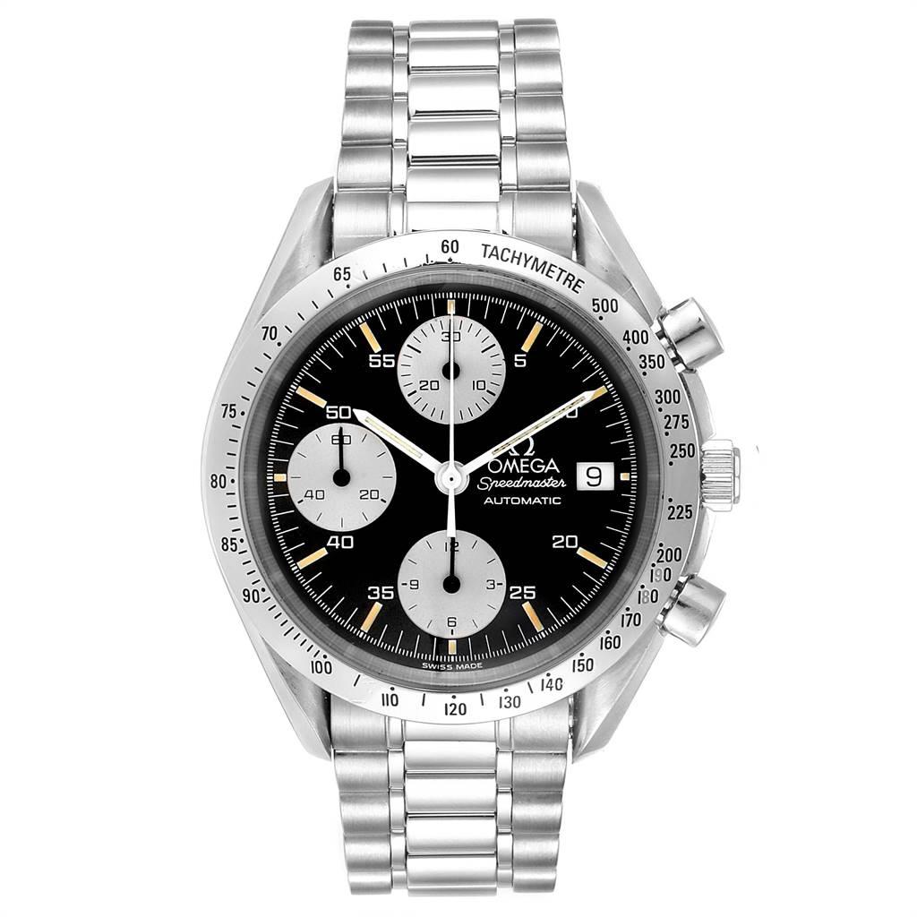 Omega Speedmaster Date Chronograph Steel Mens Watch 3511.50.00. Automatic self-winding chronograph movement. Stainless steel round case 39 mm in diameter. Stainless steel bezel with tachymetre function. Scratch-resistant sapphire crystal with