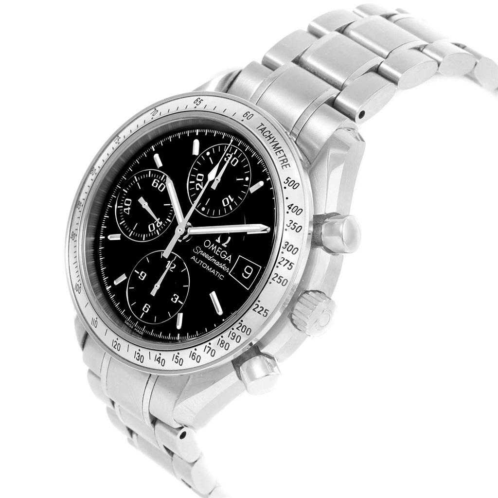 Omega Speedmaster Date Chronograph Steel Mens Watch 3513.50.00. Automatic self-winding chronograph movement. Stainless steel round case 39 mm in diameter. Fixed stainless steel bezel with tachymetre function. Scratch-resistant sapphire crystal with